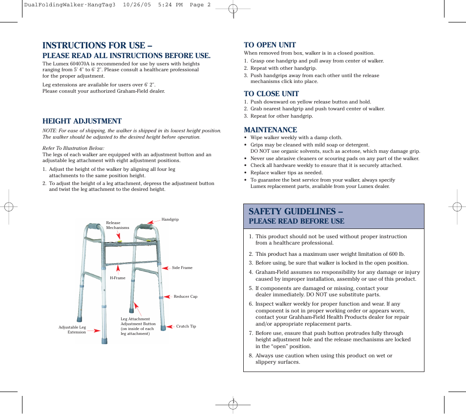 Instructions for use, Safety guidelines, Please read all instructions before use | Height adjustment, Maintenance, Please read before use | Lumex Syatems 604070A User Manual | Page 2 / 2
