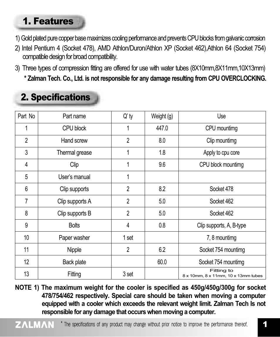 Features 2. specifications | ZALMAN AMD Athlon/ Duron/Athlon XP Socket 462 CPU User Manual | Page 2 / 9