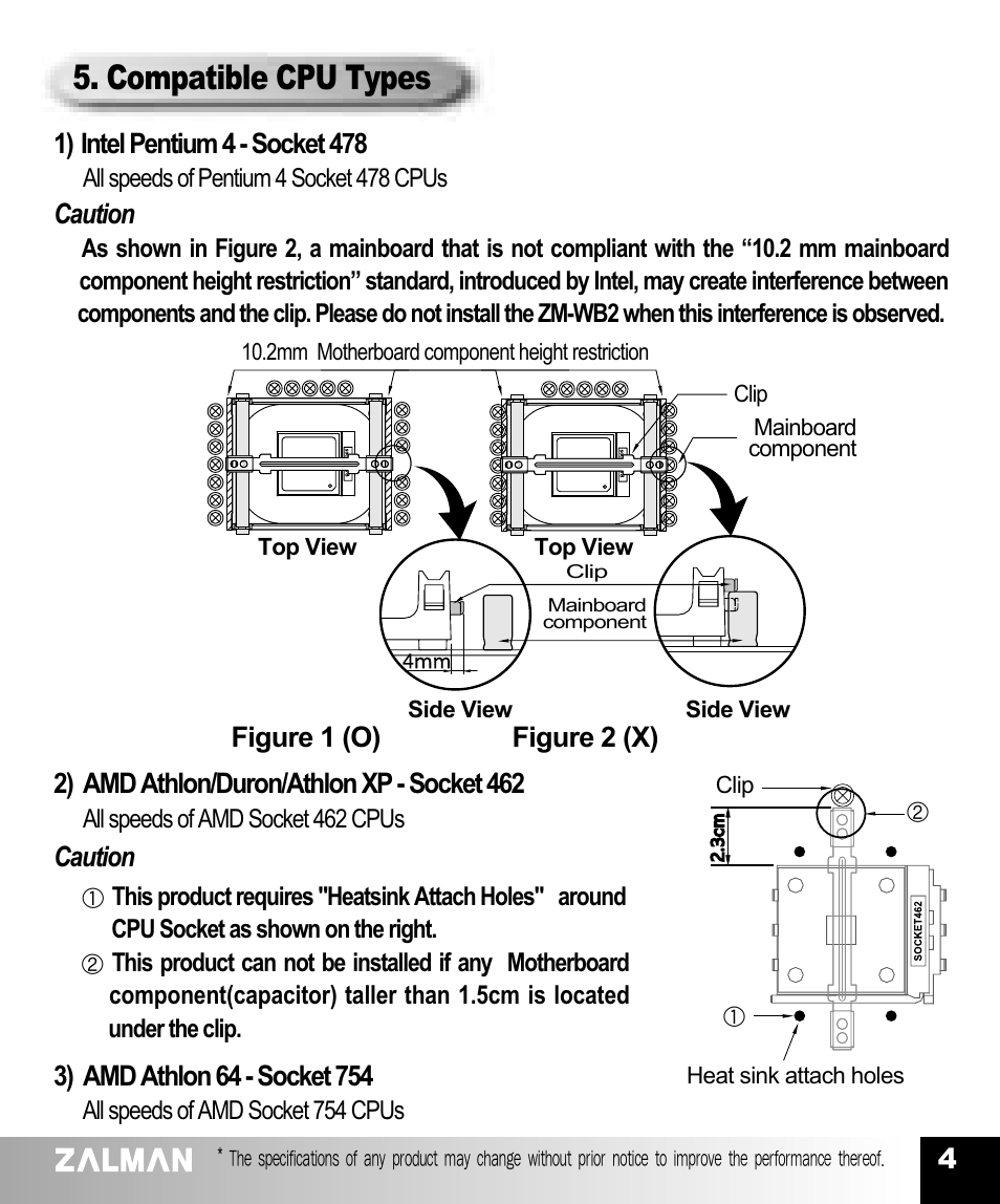 Compatible cpu types | ZALMAN AMD Athlon/ Duron/Athlon XP Socket 462 CPU User Manual | Page 5 / 9