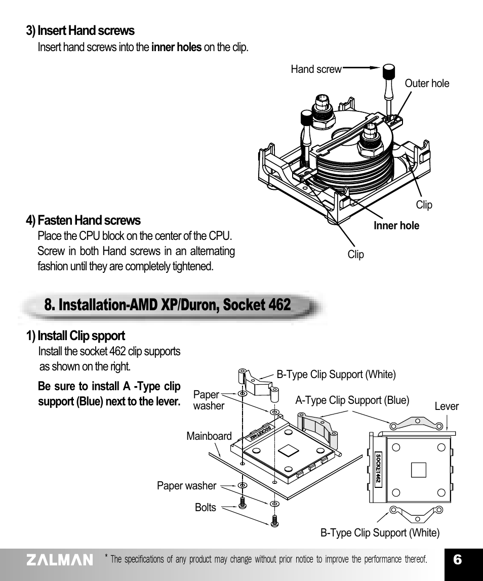 Installation-amd xp/duron, socket 462 | ZALMAN AMD Athlon/ Duron/Athlon XP Socket 462 CPU User Manual | Page 7 / 9