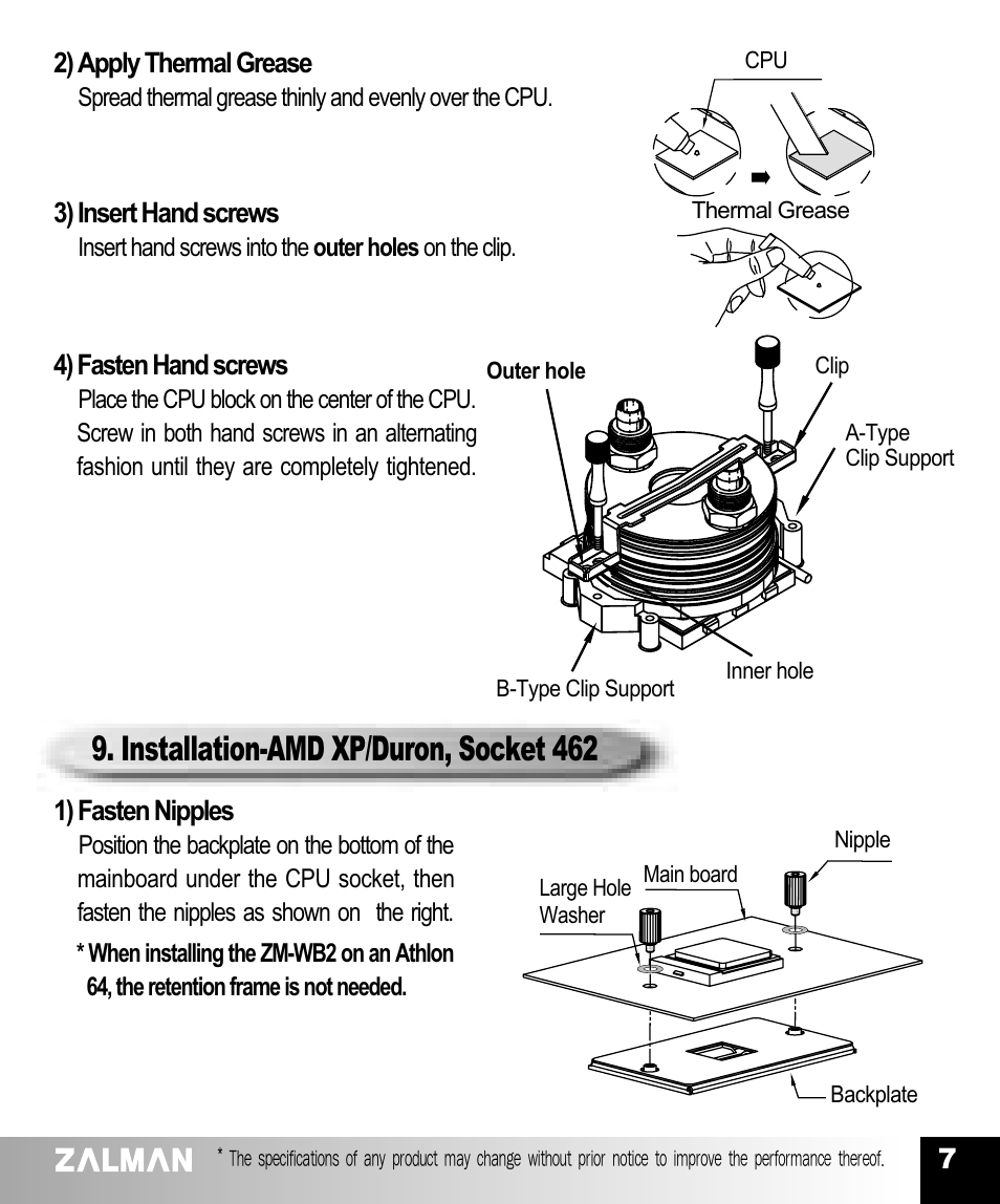 Installation-amd xp/duron, socket 462 | ZALMAN AMD Athlon/ Duron/Athlon XP Socket 462 CPU User Manual | Page 8 / 9