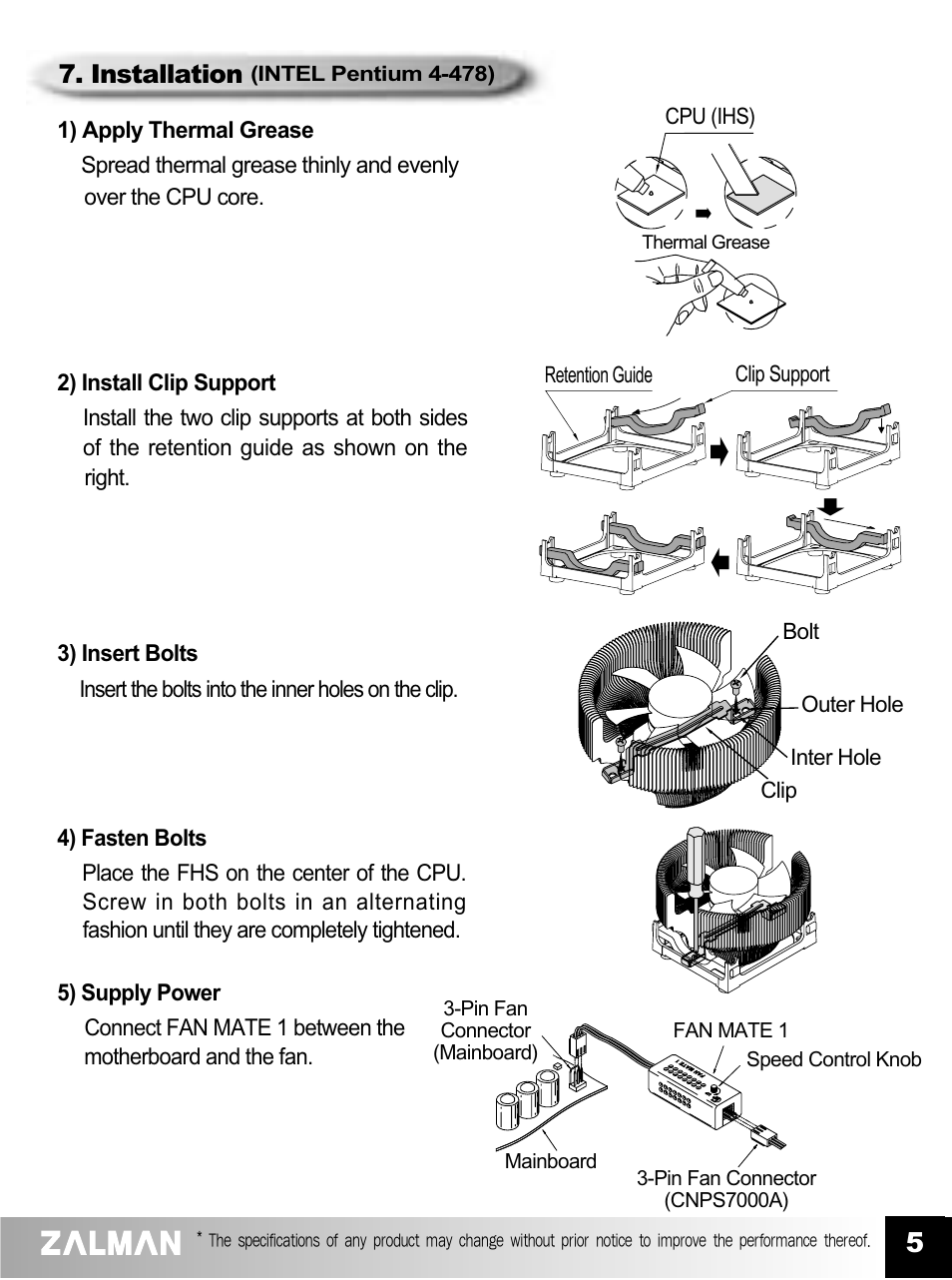 Installation, Cpu (ihs), Intel pentium 4-478) | ZALMAN CNPS7000A User Manual | Page 6 / 9