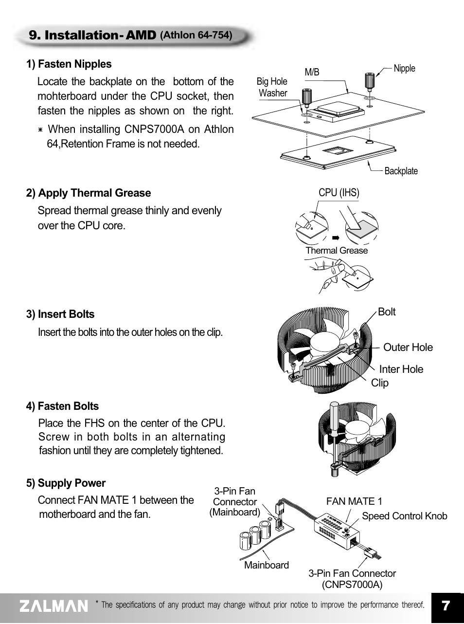 Installation- amd, Cpu (ihs), Bolt outer hole inter hole clip | ZALMAN CNPS7000A User Manual | Page 8 / 9