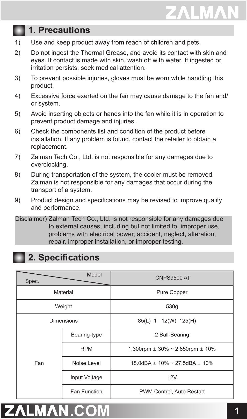 Precautions 2. speciﬁcations | ZALMAN CNPS9500 AT User Manual | Page 2 / 7