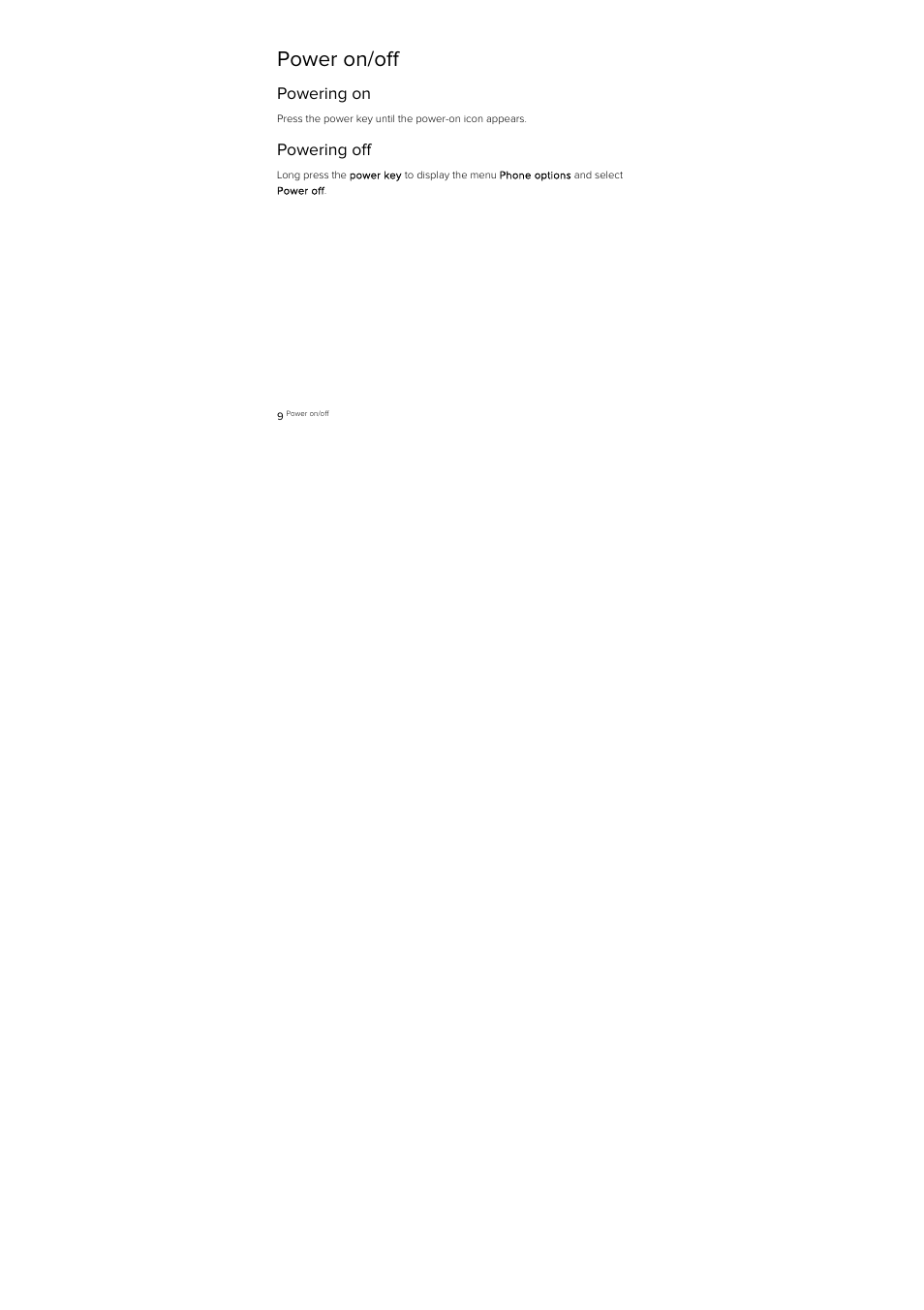 Power on/off, Powering on, Powering off | ZTE D930 User Manual | Page 11 / 33