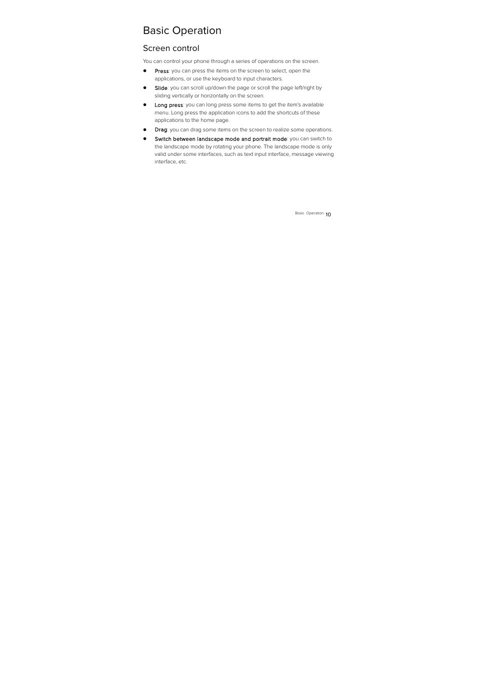 Basic operation, Screen control | ZTE D930 User Manual | Page 12 / 33