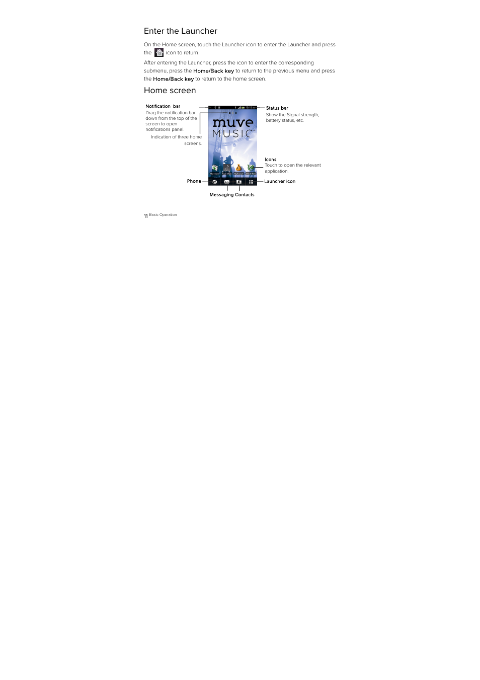 Enter the launcher, Home screen | ZTE D930 User Manual | Page 13 / 33