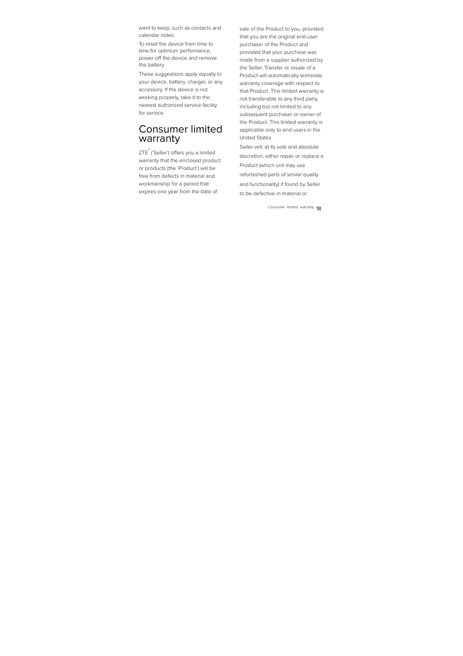 Consumer limited warranty | ZTE D930 User Manual | Page 20 / 33