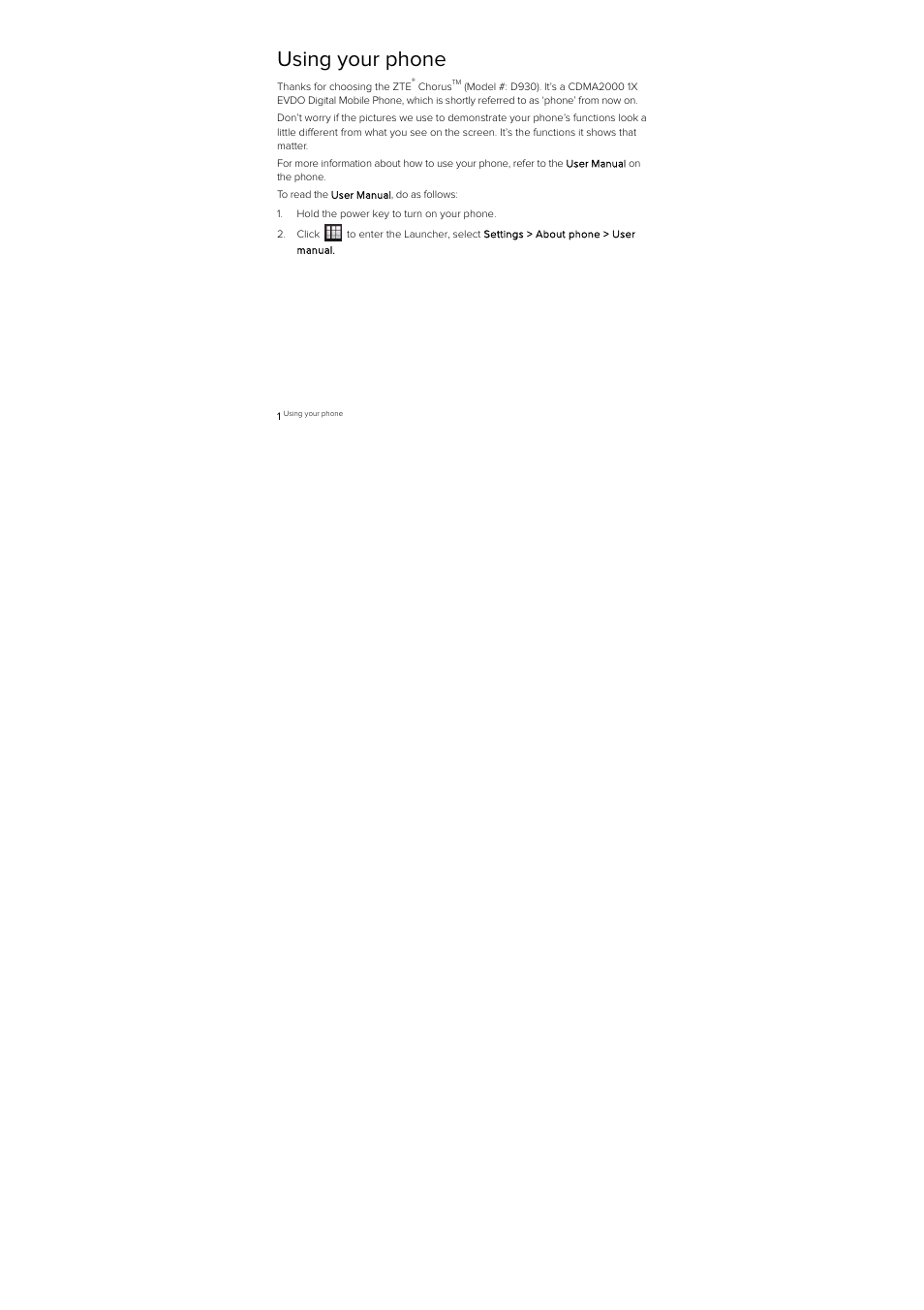 Using your phone | ZTE D930 User Manual | Page 3 / 33