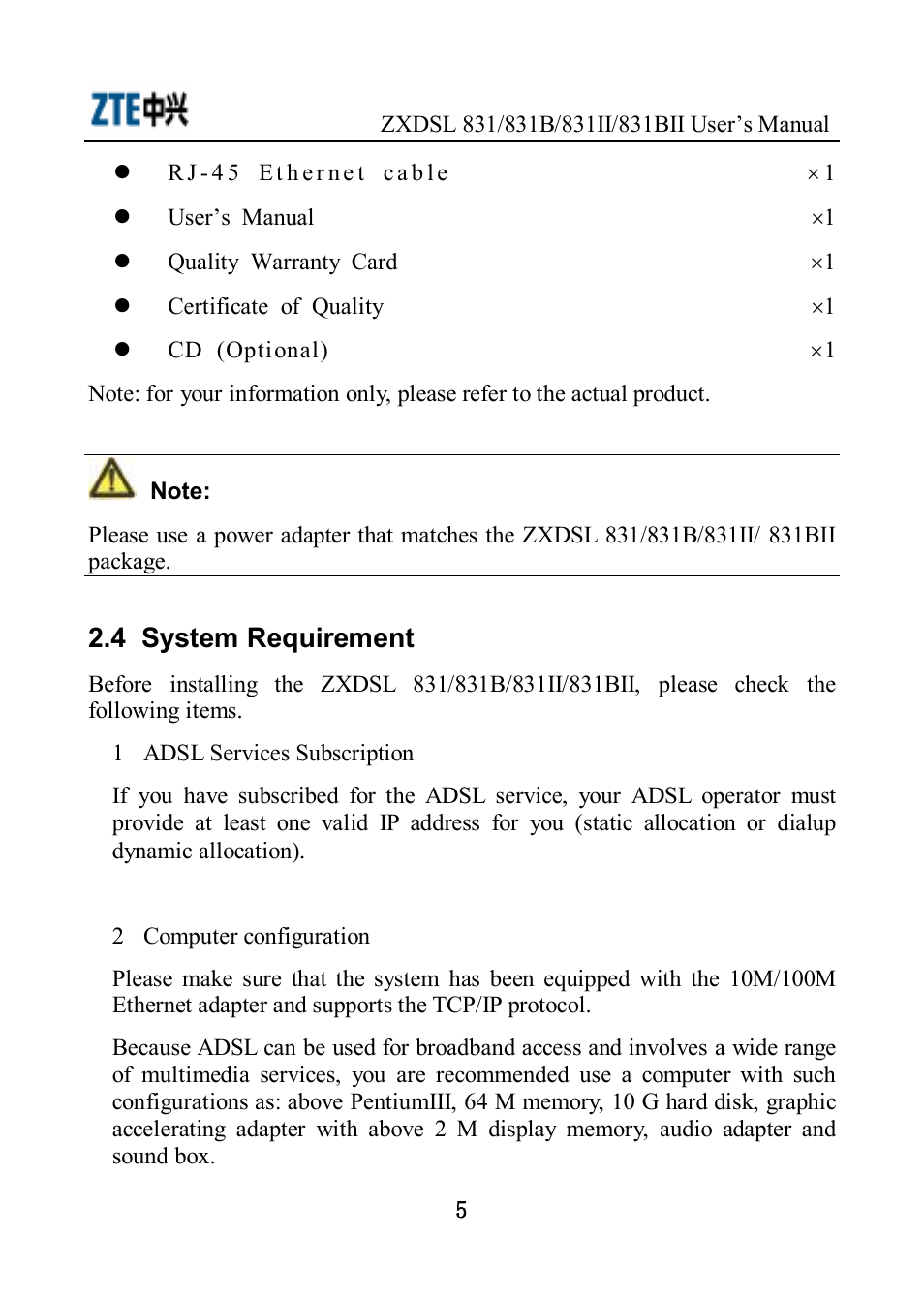 4 system requirement | ZTE ZXDSL 831 User Manual | Page 10 / 20