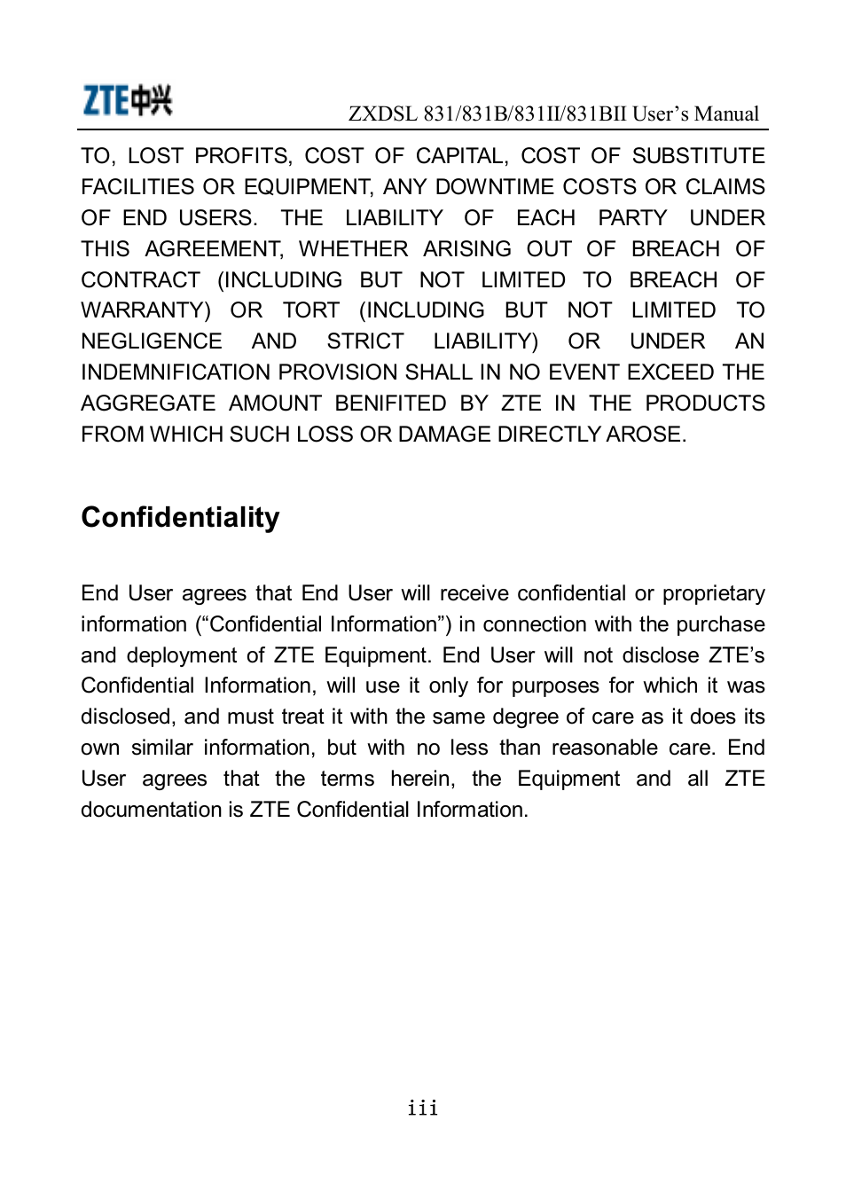 Confidentiality | ZTE ZXDSL 831 User Manual | Page 4 / 20