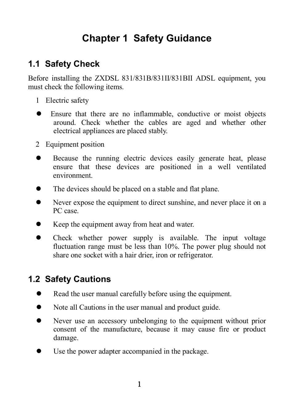 Chapter 1 safety guidance, 1 safety check, 2 safety cautions | ZTE ZXDSL 831 User Manual | Page 6 / 20