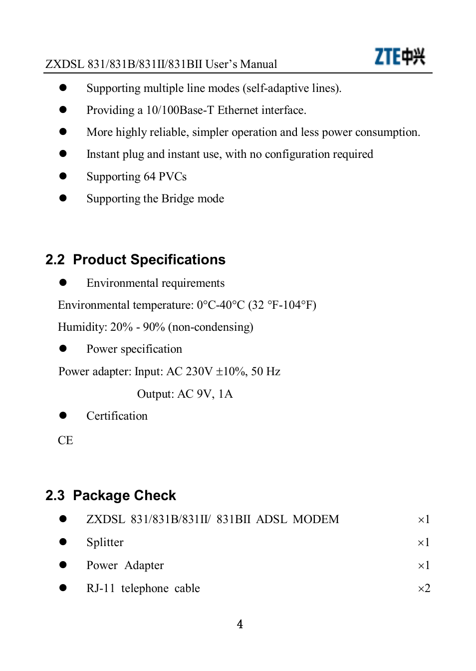 2 product specifications, 3 package check | ZTE ZXDSL 831 User Manual | Page 9 / 20