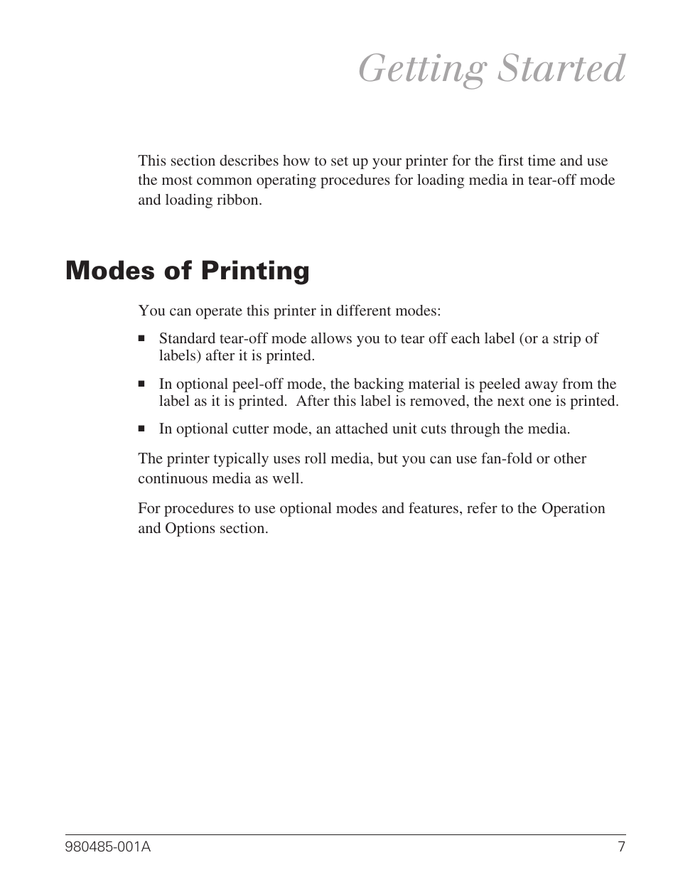 Getting started, Modes of printing 7, Modes of printing | Zebra Technologies TLP 2824 User Manual | Page 15 / 60