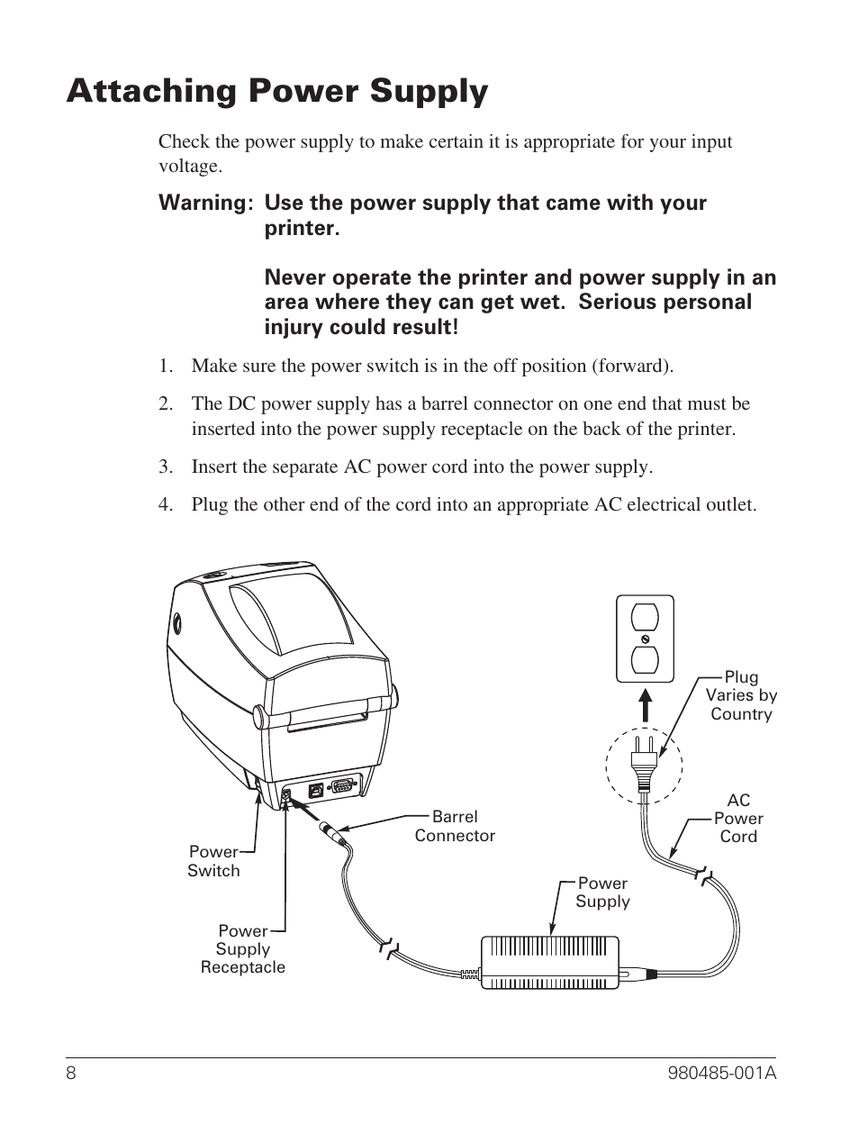 Attaching power supply 8, Attaching power supply | Zebra Technologies TLP 2824 User Manual | Page 16 / 60