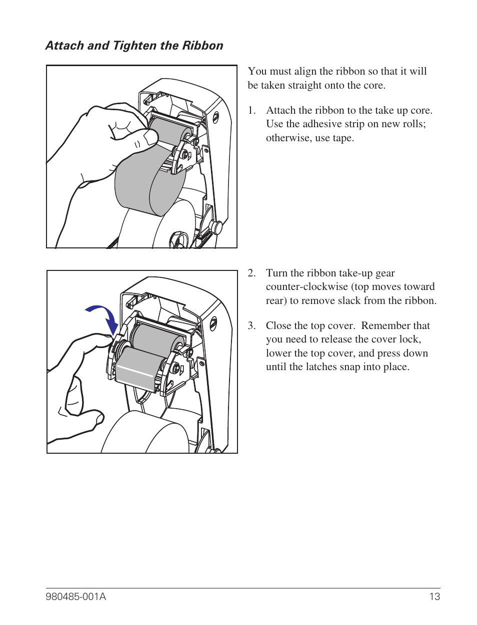 Attach and tighten the ribbon 13 | Zebra Technologies TLP 2824 User Manual | Page 21 / 60