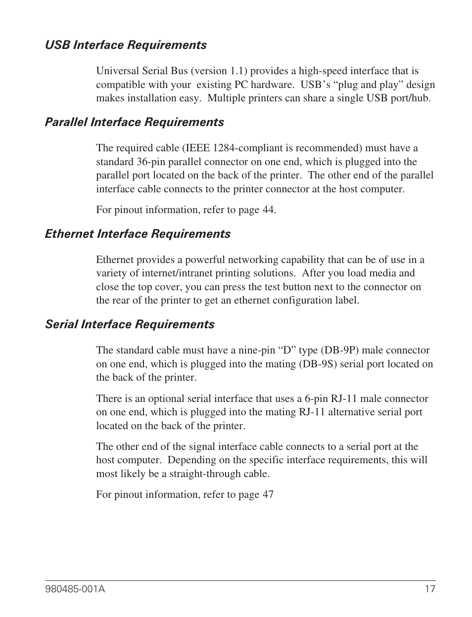 Usb interface requirements 17, Parallel interface requirements 17, Ethernet interface requirements 17 | Serial interface requirements 17 | Zebra Technologies TLP 2824 User Manual | Page 25 / 60