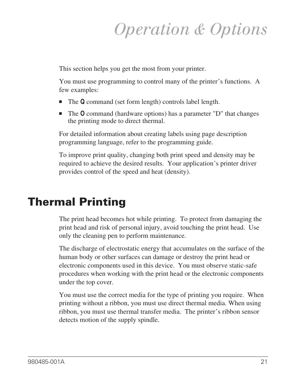 Operation & options, Thermal printing 21, Thermal printing | Zebra Technologies TLP 2824 User Manual | Page 29 / 60