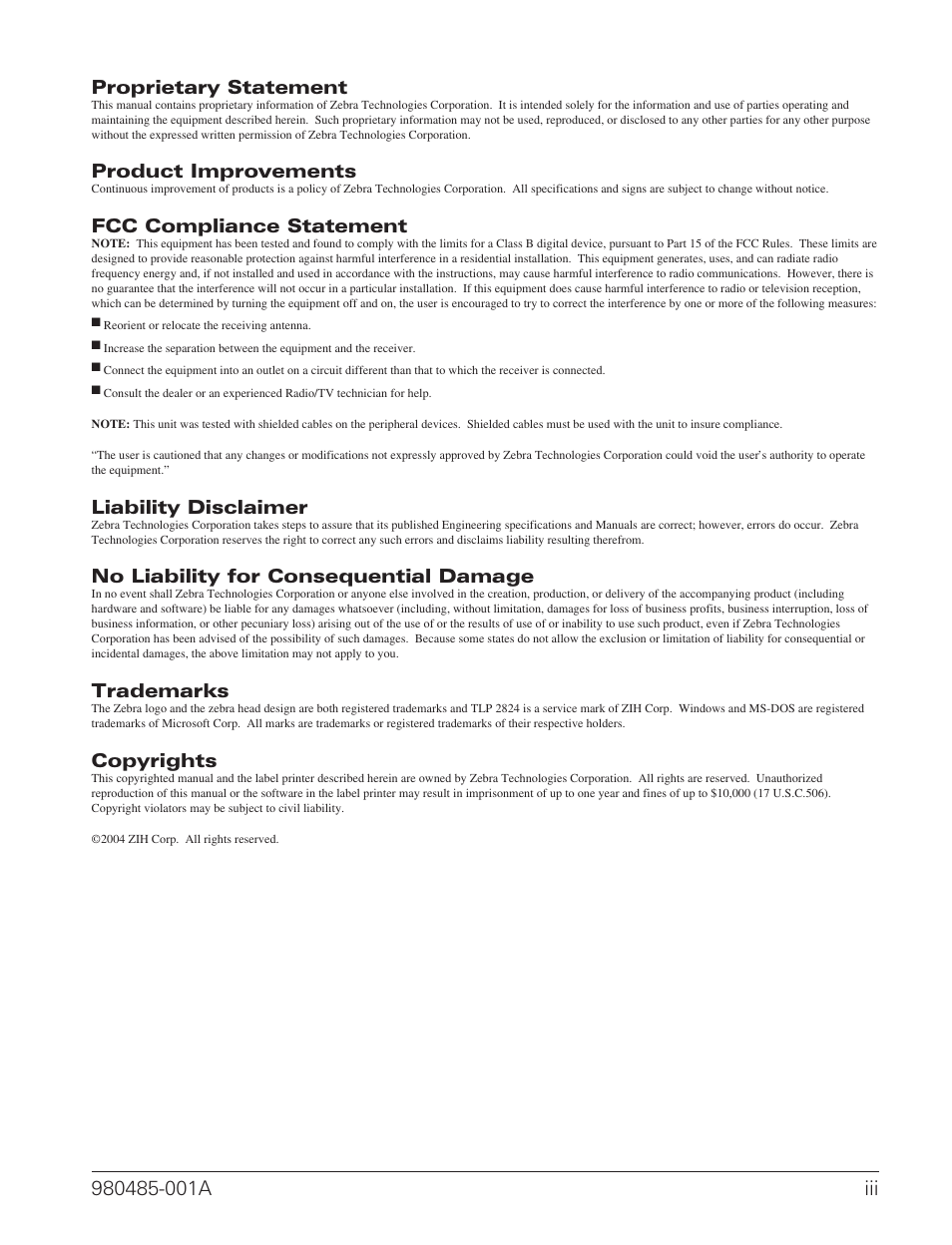 Proprietary statement, Product improvements, Fcc compliance statement | Liability disclaimer, No liability for consequential damage, Trademarks, Copyrights | Zebra Technologies TLP 2824 User Manual | Page 3 / 60