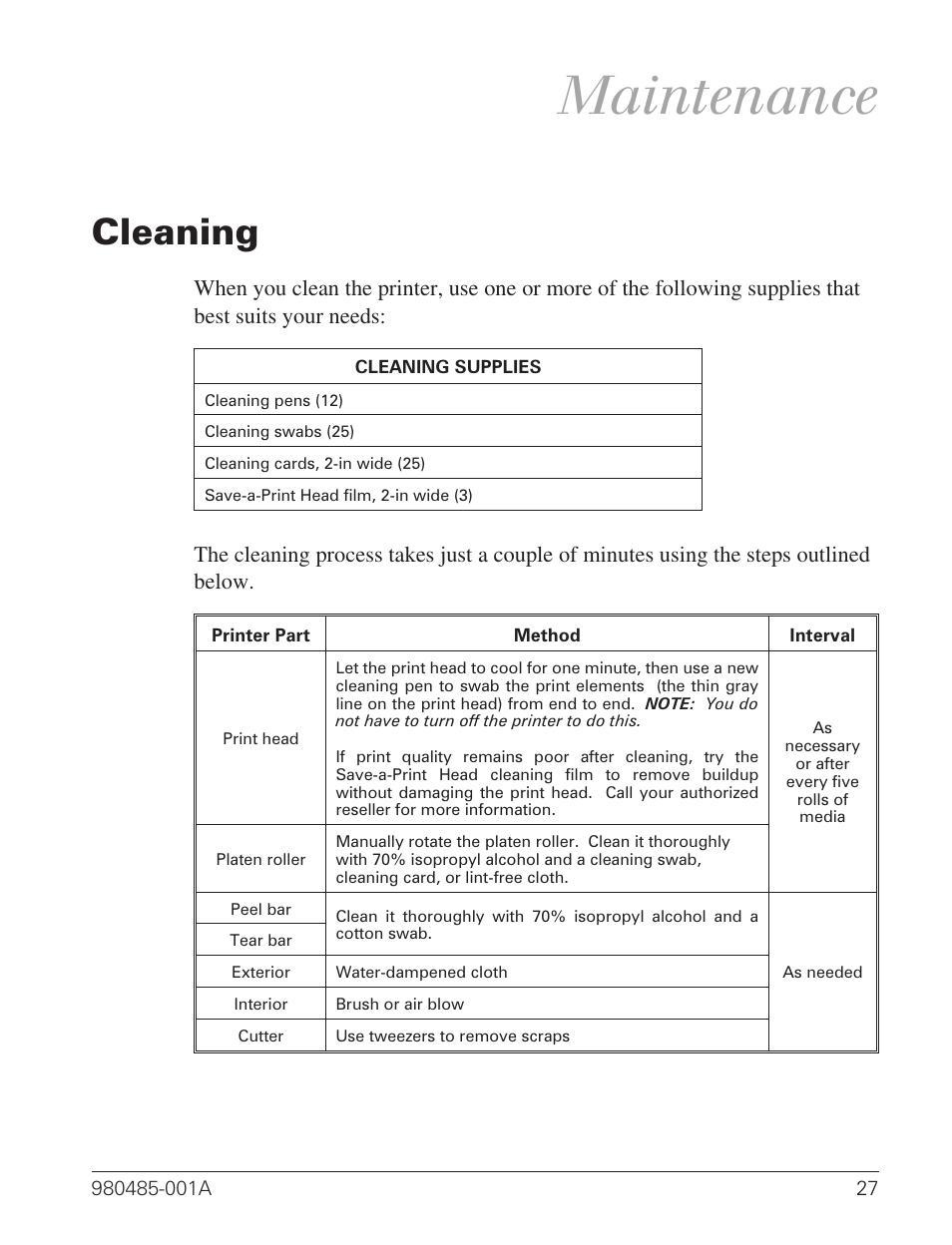 Maintenance, Cleaning 27, Cleaning | Zebra Technologies TLP 2824 User Manual | Page 35 / 60