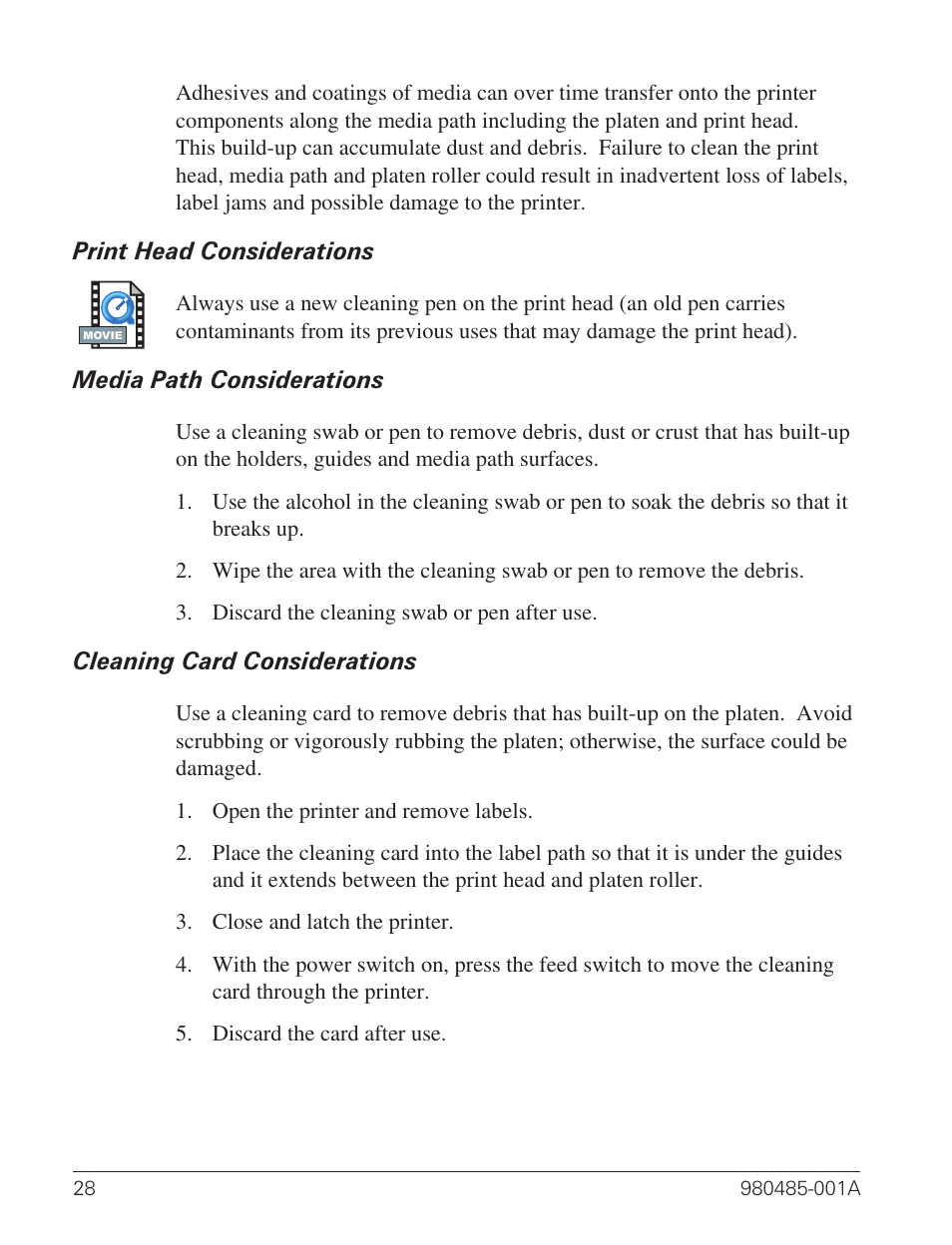 Print head considerations 28, Media path considerations 28, Cleaning card considerations 28 | Zebra Technologies TLP 2824 User Manual | Page 36 / 60