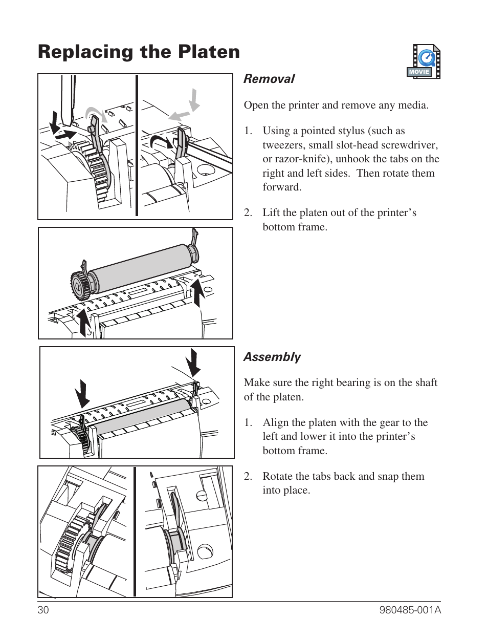 Replacing the platen 30, Replacing the platen | Zebra Technologies TLP 2824 User Manual | Page 38 / 60