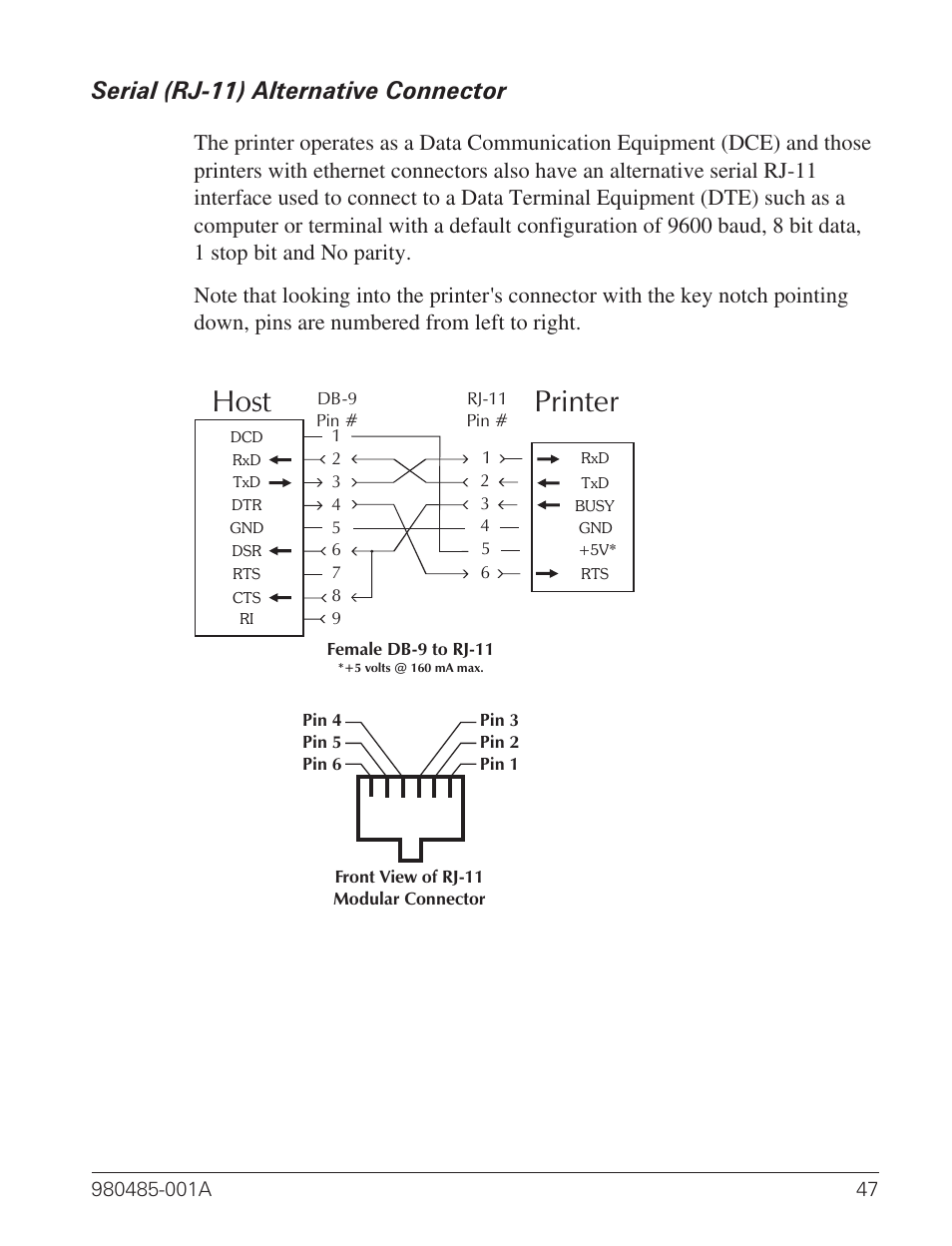 Serial (rj-11) alternative connector 47, Printer host, Serial (rj-11) alternative connector | Zebra Technologies TLP 2824 User Manual | Page 55 / 60