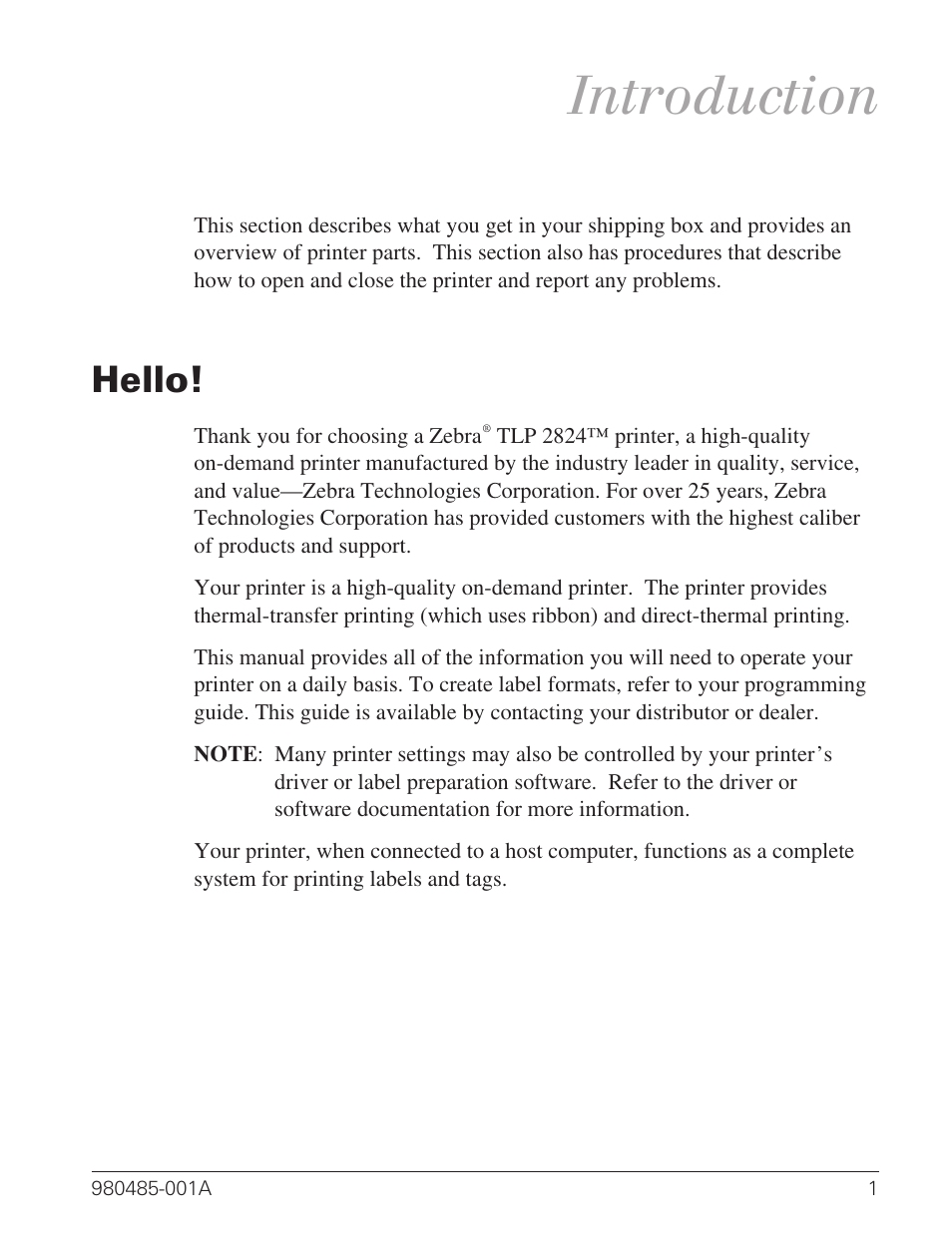 Introduction, Hello! 1, Hello | Zebra Technologies TLP 2824 User Manual | Page 9 / 60