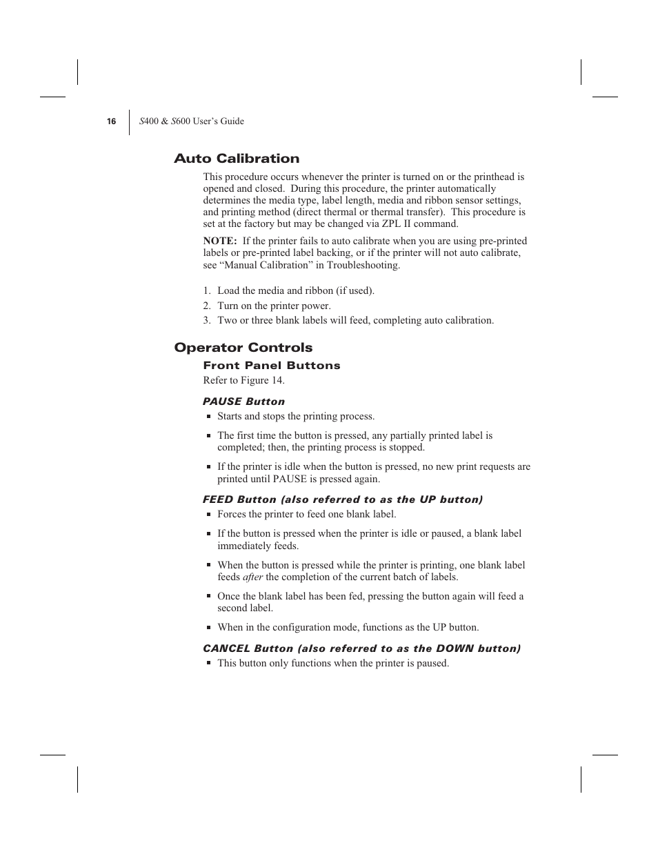 Auto calibration, Operator controls | Zebra Technologies 600 User Manual | Page 24 / 78