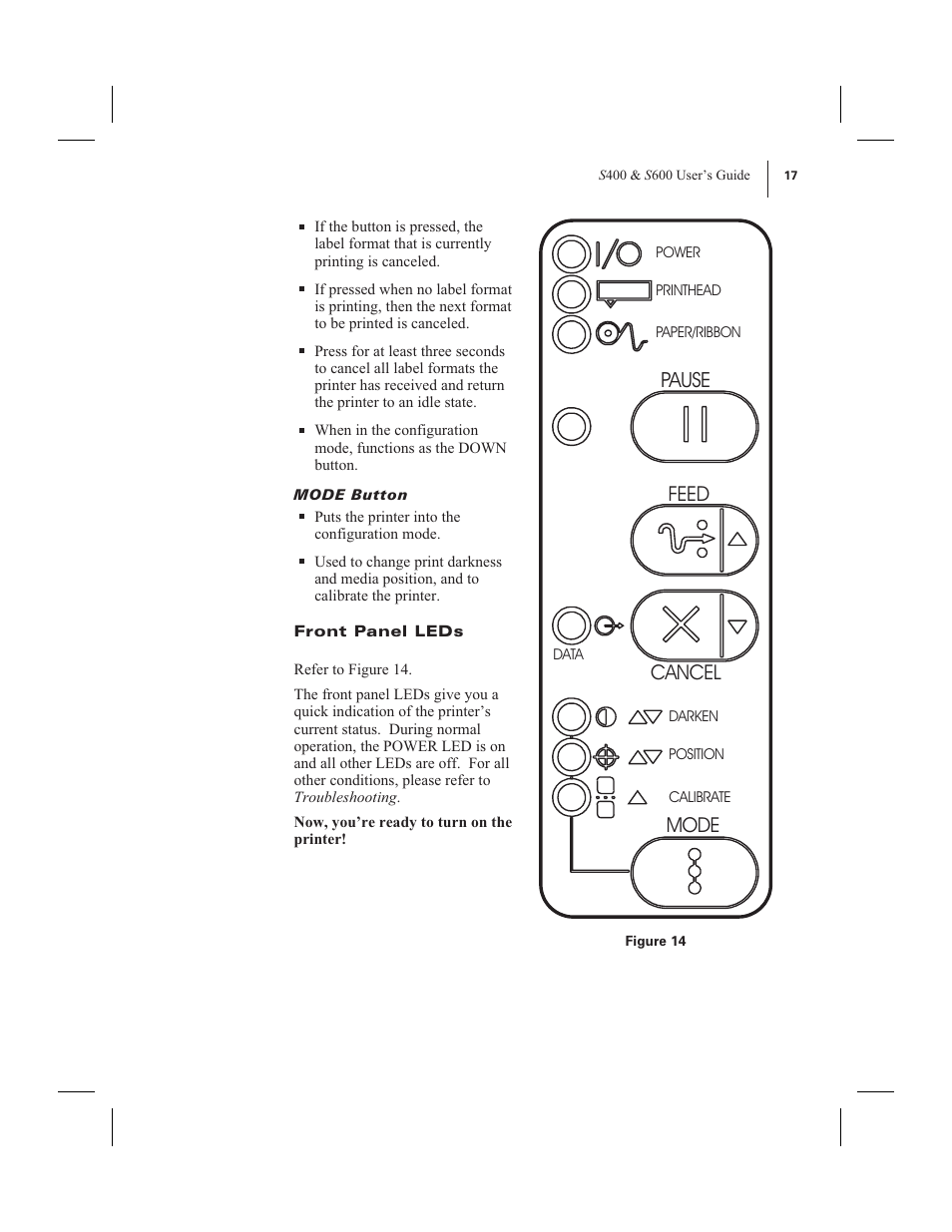 Pause, Feed cancel mode | Zebra Technologies 600 User Manual | Page 25 / 78
