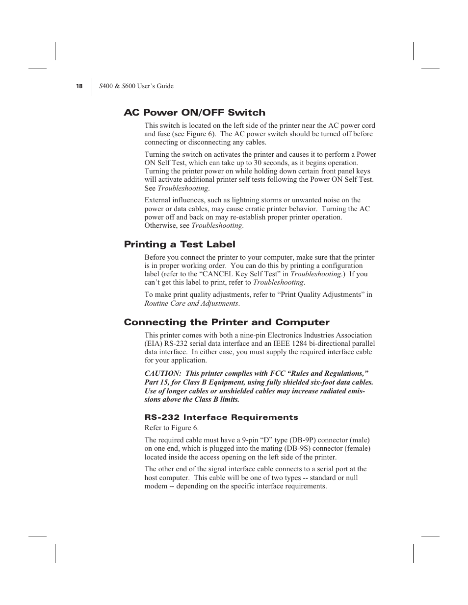 Ac power on/off switch, Printing a test label, Connecting the printer and computer | Zebra Technologies 600 User Manual | Page 26 / 78