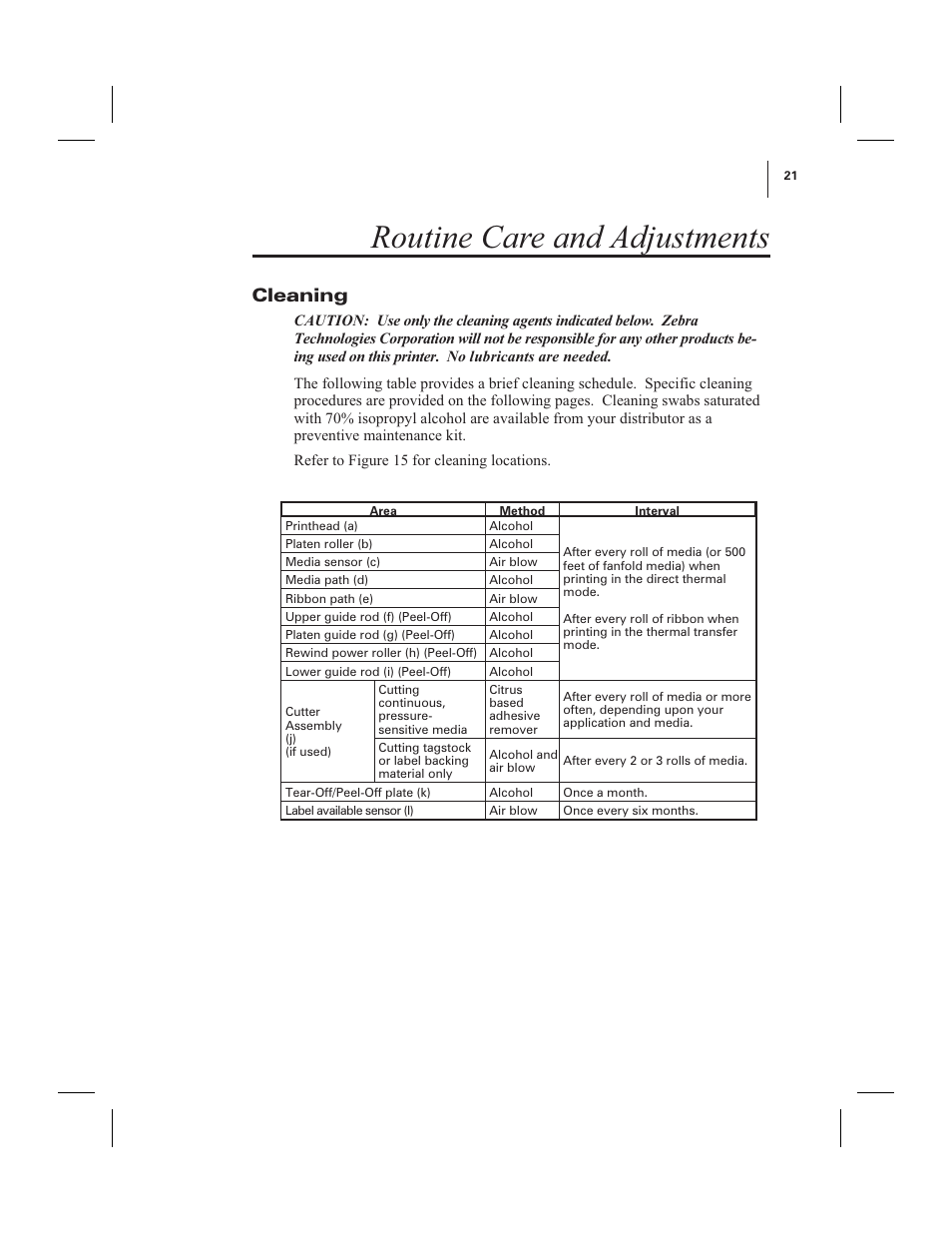 Routine care and adjustments, Cleaning | Zebra Technologies 600 User Manual | Page 29 / 78