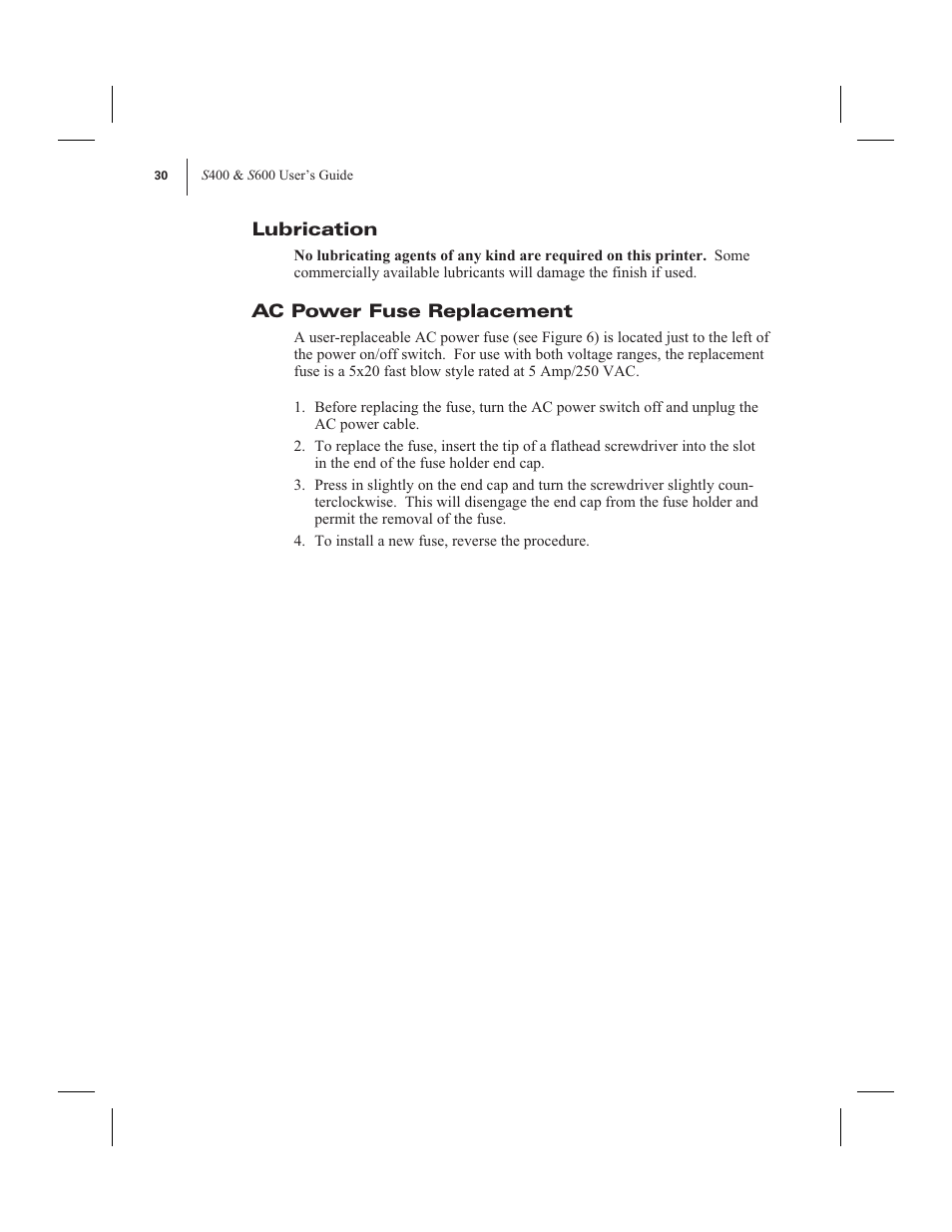 Lubrication, Ac power fuse replacement | Zebra Technologies 600 User Manual | Page 38 / 78