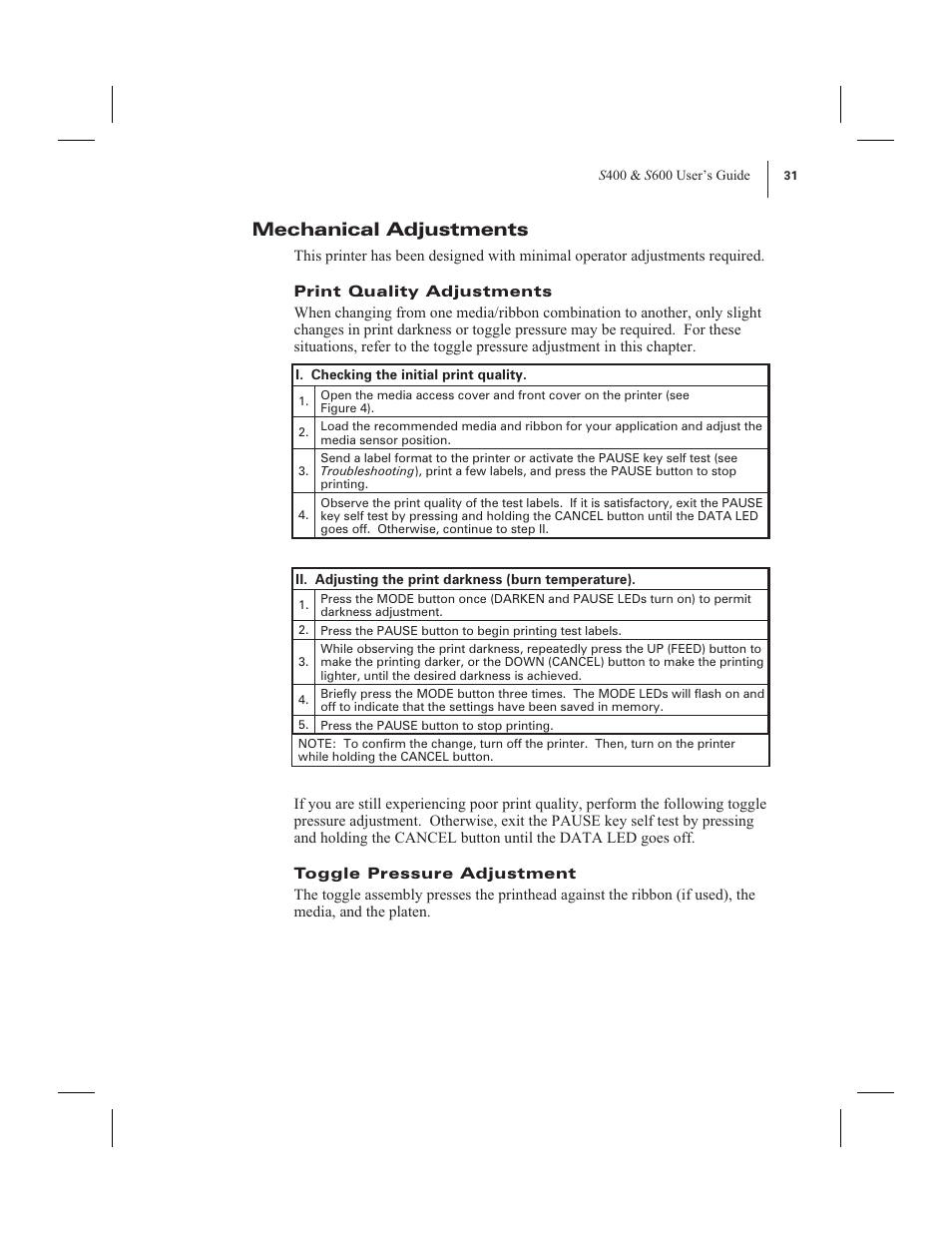Mechanical adjustments | Zebra Technologies 600 User Manual | Page 39 / 78