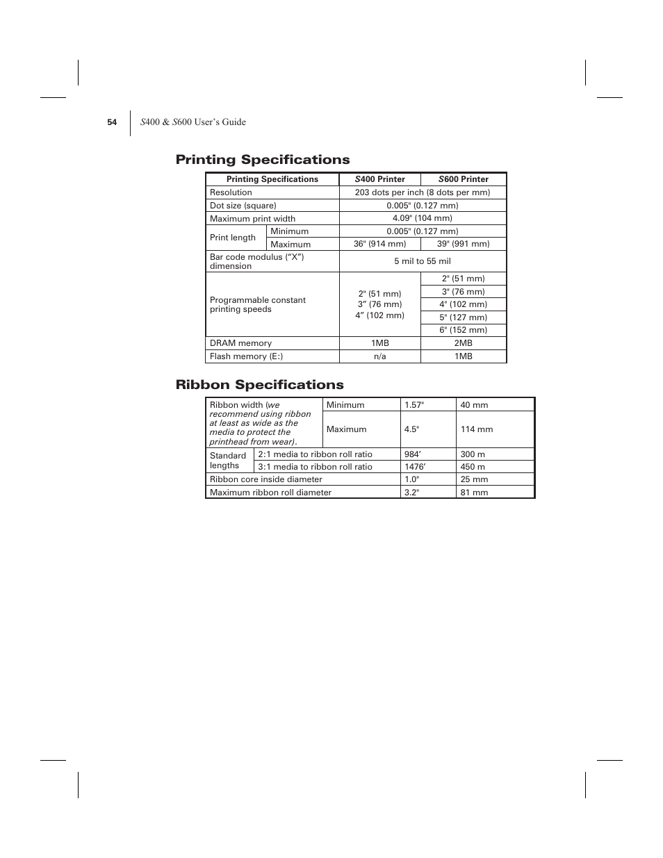 Printing specifications, Ribbon specifications | Zebra Technologies 600 User Manual | Page 62 / 78