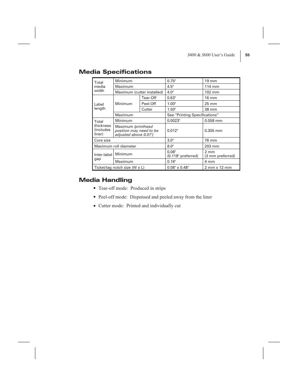 Media specifications, Media handling | Zebra Technologies 600 User Manual | Page 63 / 78