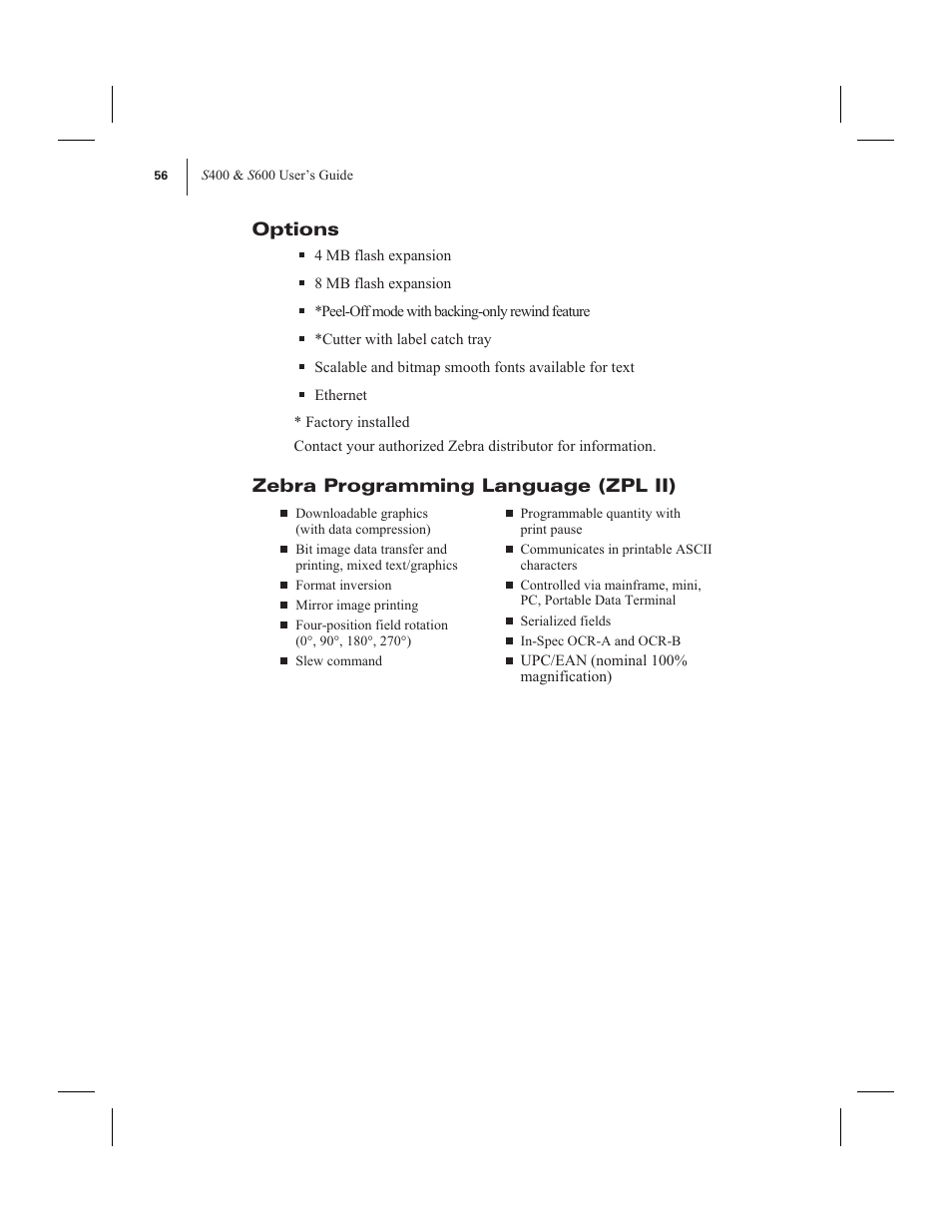 Options, Zebra programming language (zpl ii), Zebra programming language (zpl ii | Zebra Technologies 600 User Manual | Page 64 / 78