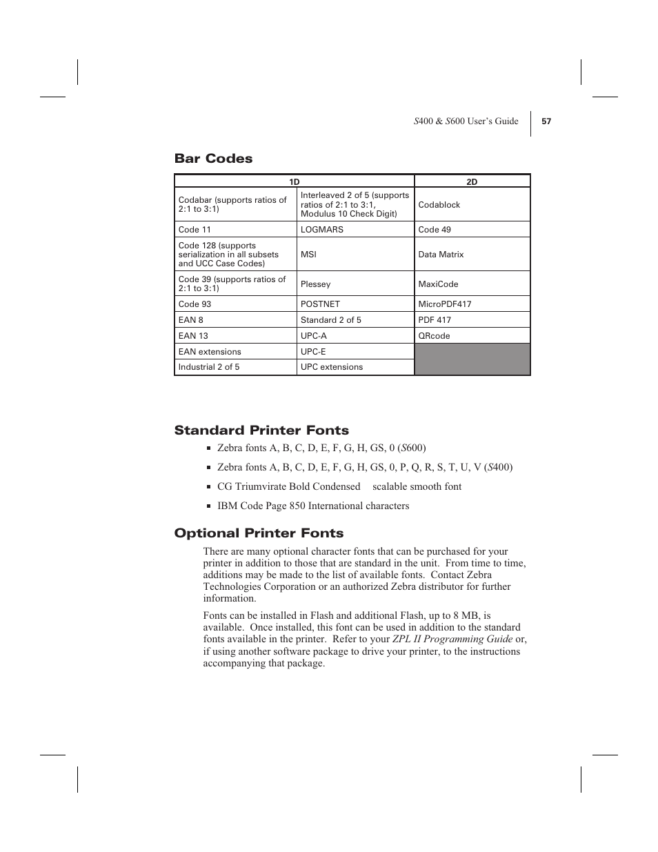 Bar codes, Standard printer fonts, Optional printer fonts | Bar codes standard printer fonts | Zebra Technologies 600 User Manual | Page 65 / 78