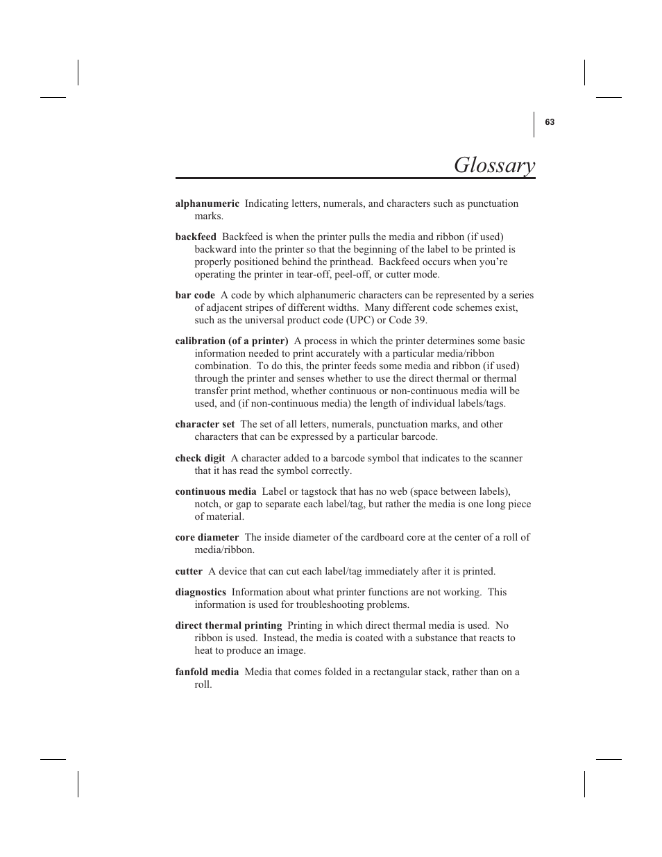 Glossary | Zebra Technologies 600 User Manual | Page 71 / 78