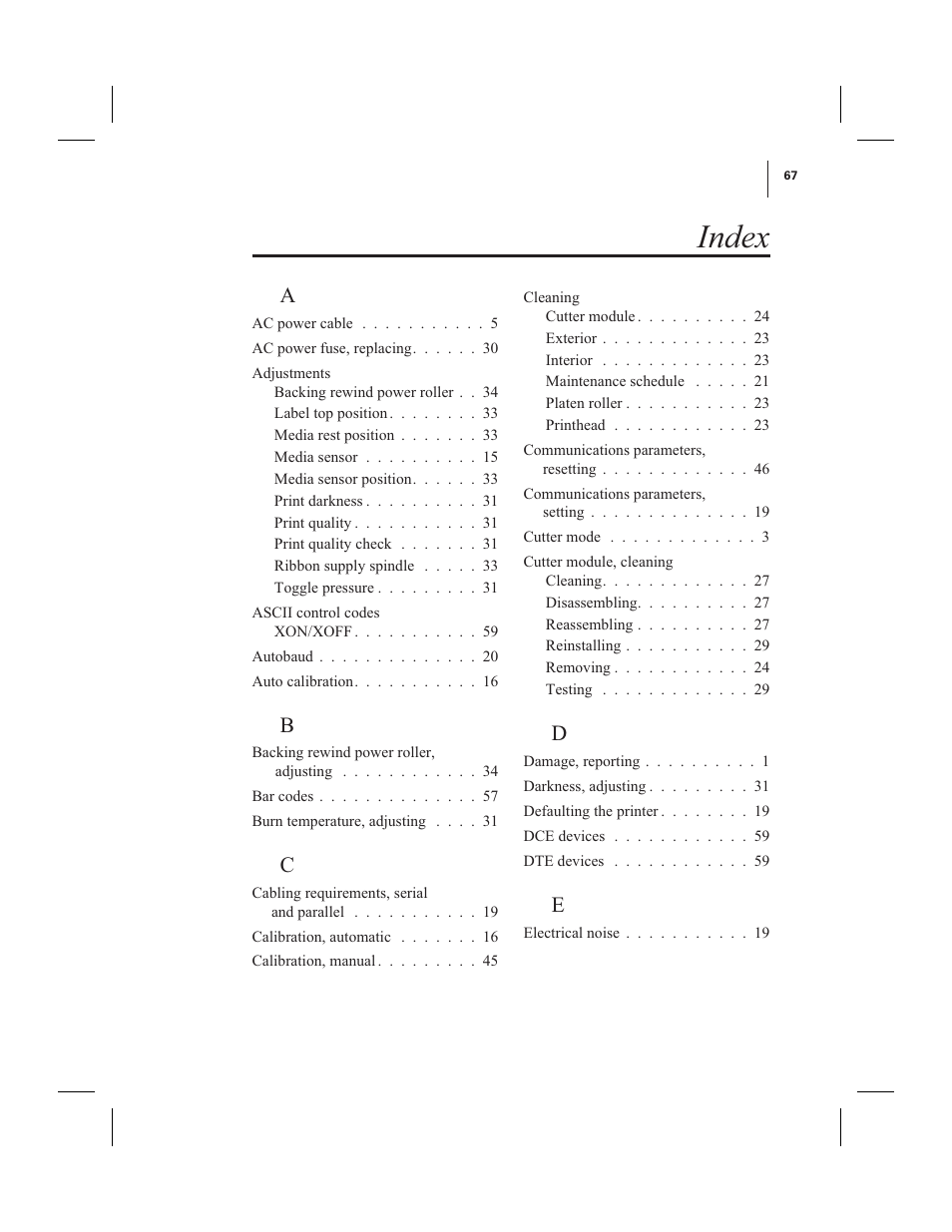 Index | Zebra Technologies 600 User Manual | Page 75 / 78