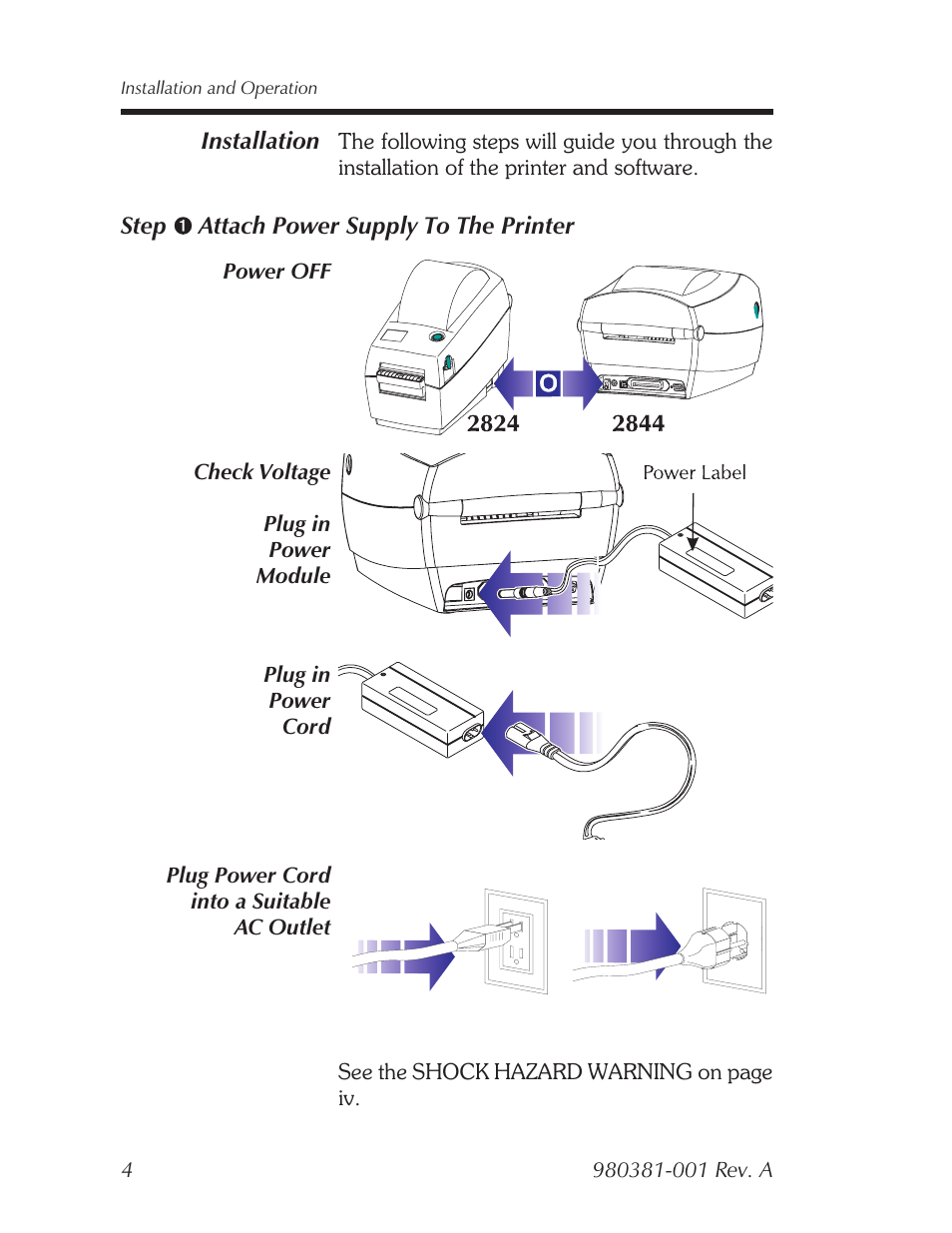 Installation, Attach power | Zebra Technologies 2824 User Manual | Page 10 / 21
