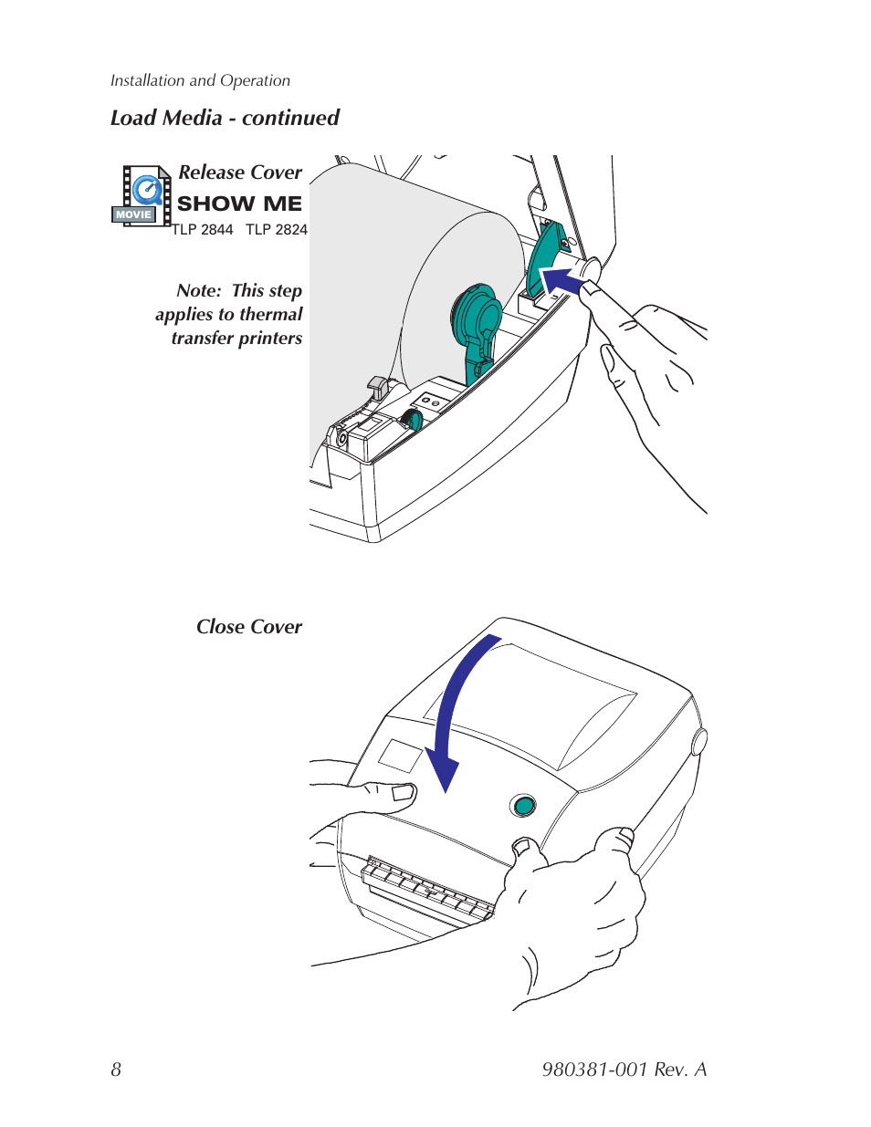 Load media - continued | Zebra Technologies 2824 User Manual | Page 14 / 21