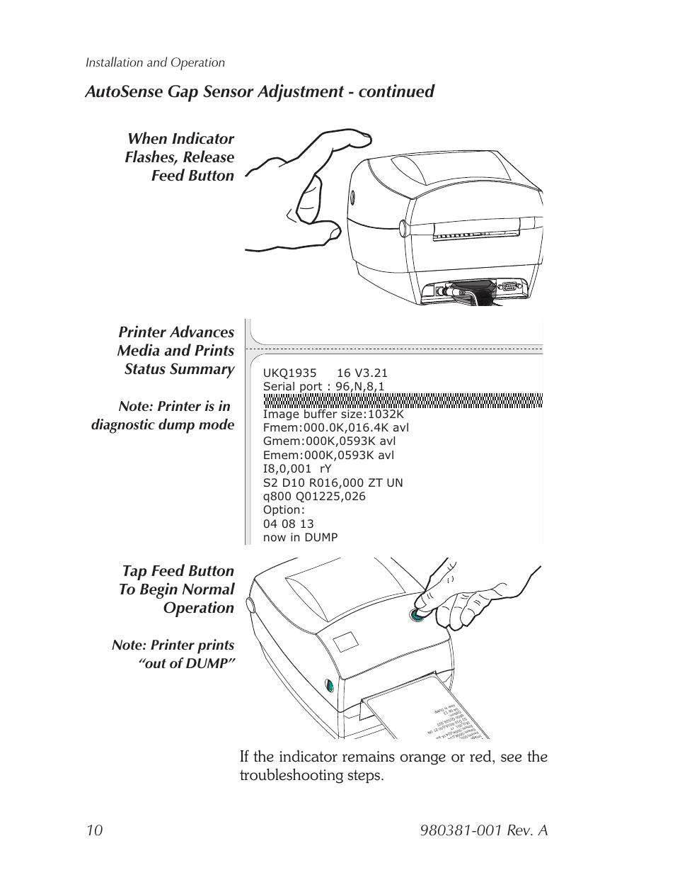 Autosense gap sensor adjustment - continued, When indicator flashes, release feed button, Printer advances media and prints status summary | Tap feed button to begin normal operation, Installation and operation | Zebra Technologies 2824 User Manual | Page 16 / 21