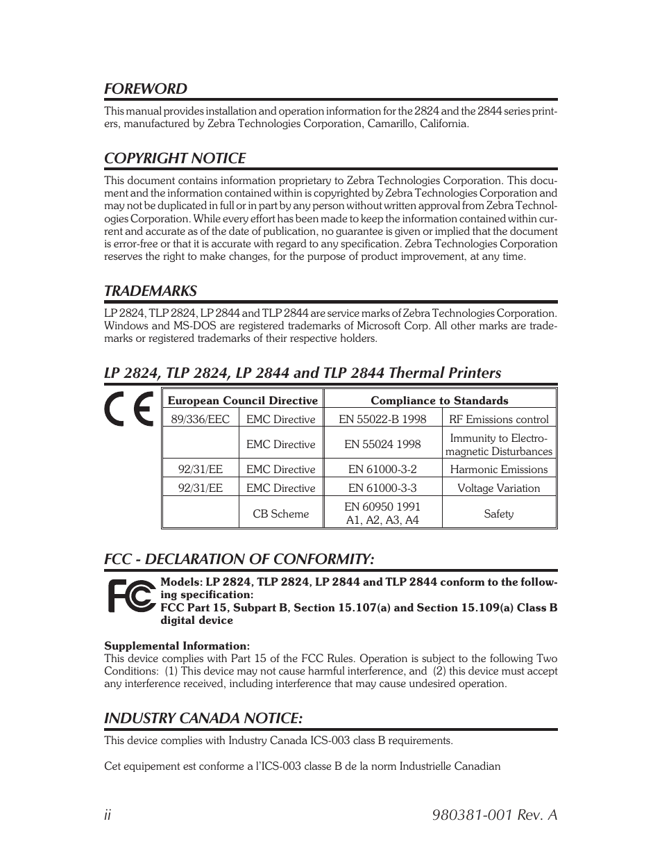 Forward, Foreword, Copyright notice | Trademarks, Fcc - declaration of conformity, Industry canada notice | Zebra Technologies 2824 User Manual | Page 2 / 21