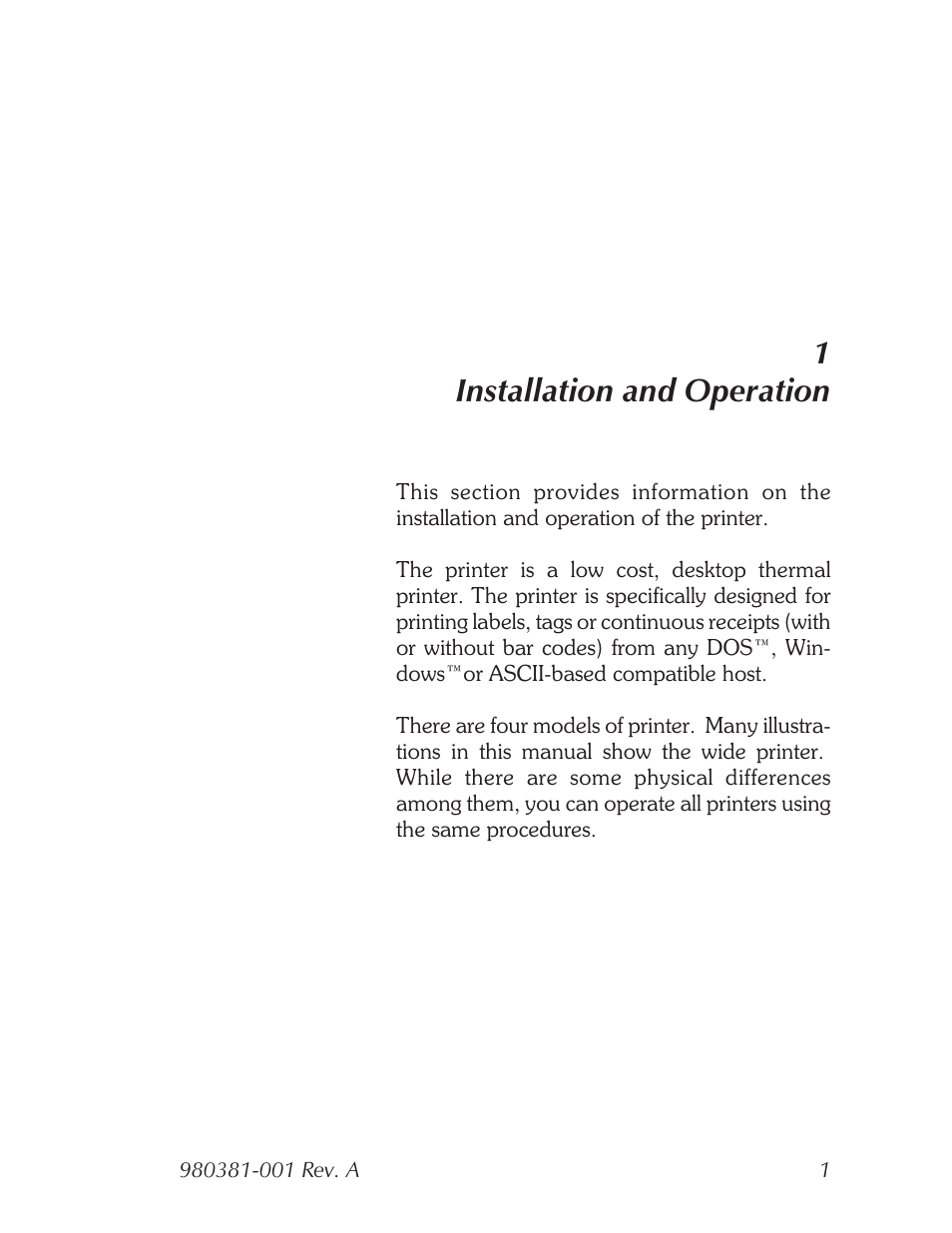 Installation and operating, 1installation and operation | Zebra Technologies 2824 User Manual | Page 7 / 21