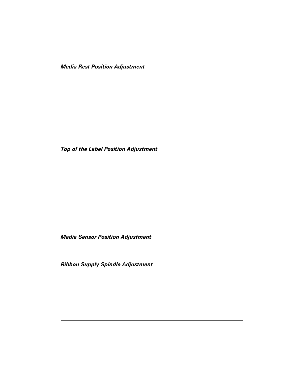Media rest position adjustment, Top of the label position adjustment, Media sensor position adjustment | Ribbon supply spindle adjustment | Zebra Technologies S400 User Manual | Page 49 / 94