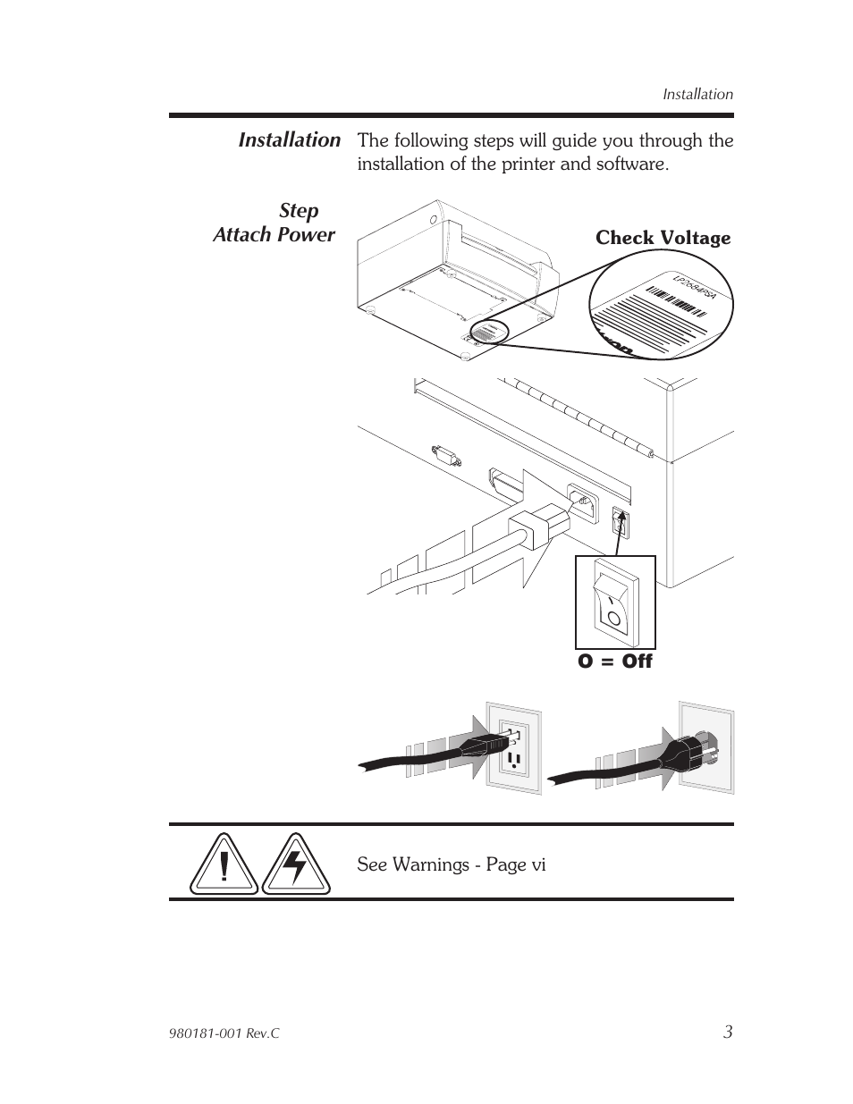 In stal la tion 3, Installation, Step ➊ attach power | See warnings - page vi, Check voltage o = off | Zebra Technologies Printers User Manual | Page 11 / 69