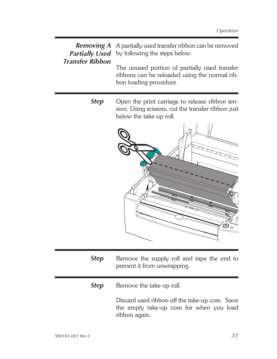 Re moving a partially used trans fer rib bon 31 | Zebra Technologies Printers User Manual | Page 39 / 69