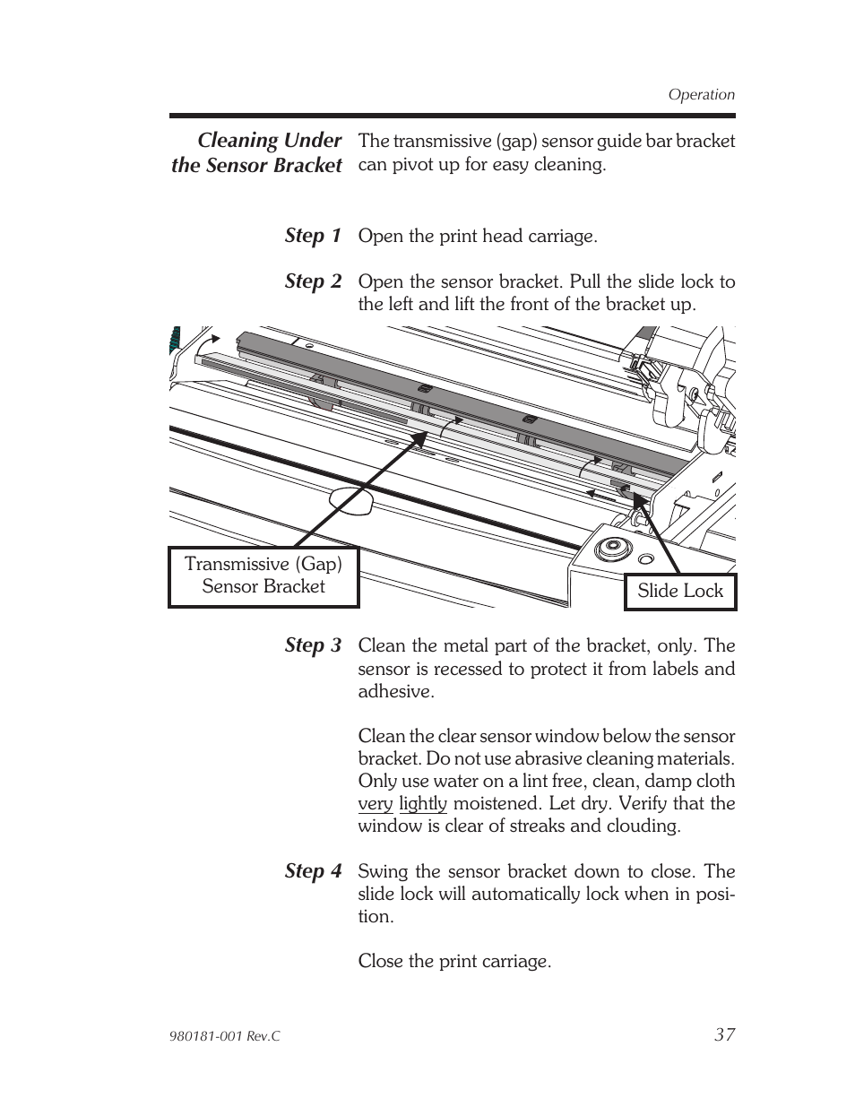 Cleaning un der the sen sor bracket 37 | Zebra Technologies Printers User Manual | Page 45 / 69