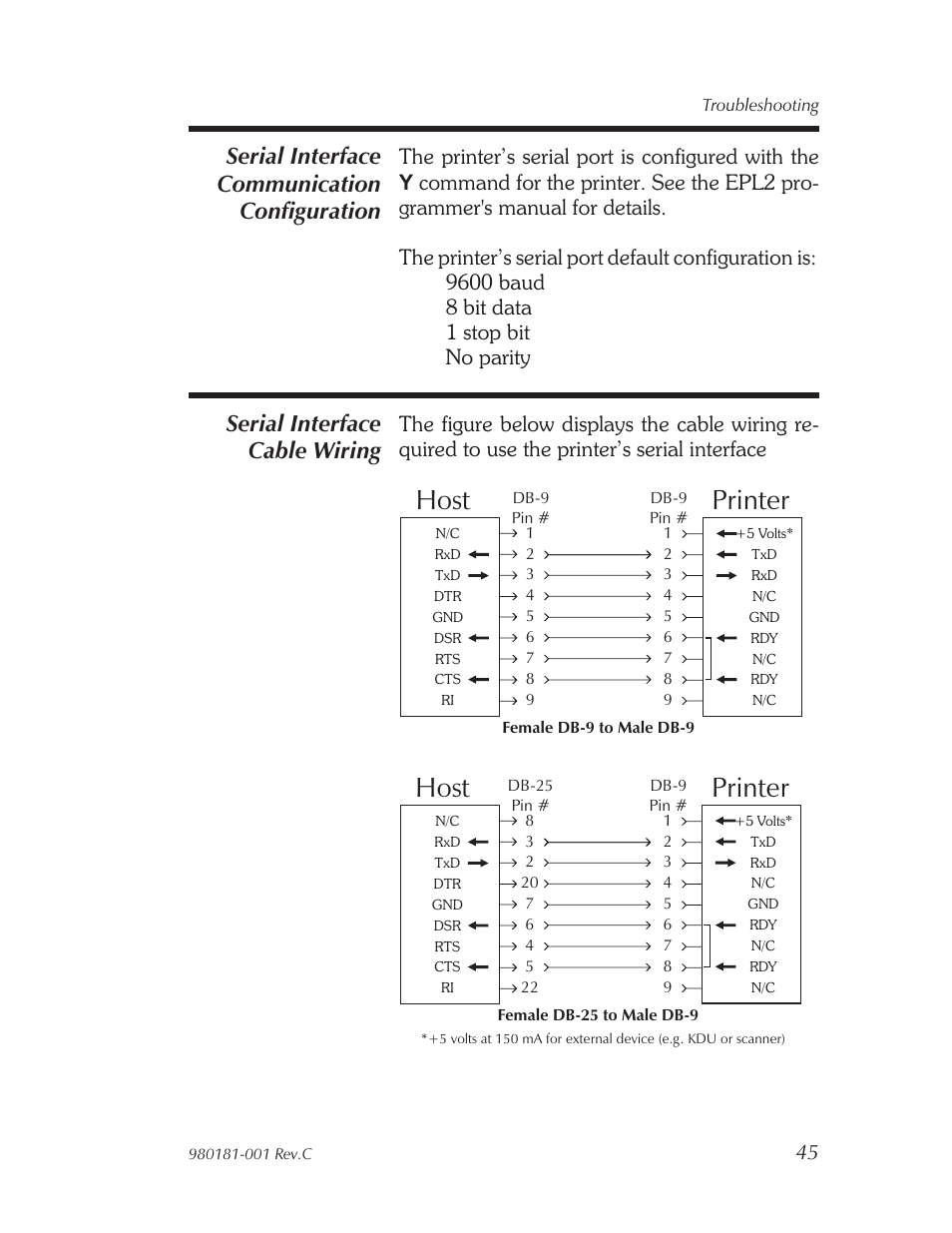 Se rial in ter face ca ble wiring 45, Printer host, Serial interface communication configuration | Serial interface cable wiring | Zebra Technologies Printers User Manual | Page 52 / 69